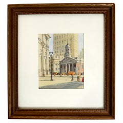 Vintage Framed Watercolor of St Andrew's Roman Catholic Church, Manhattan