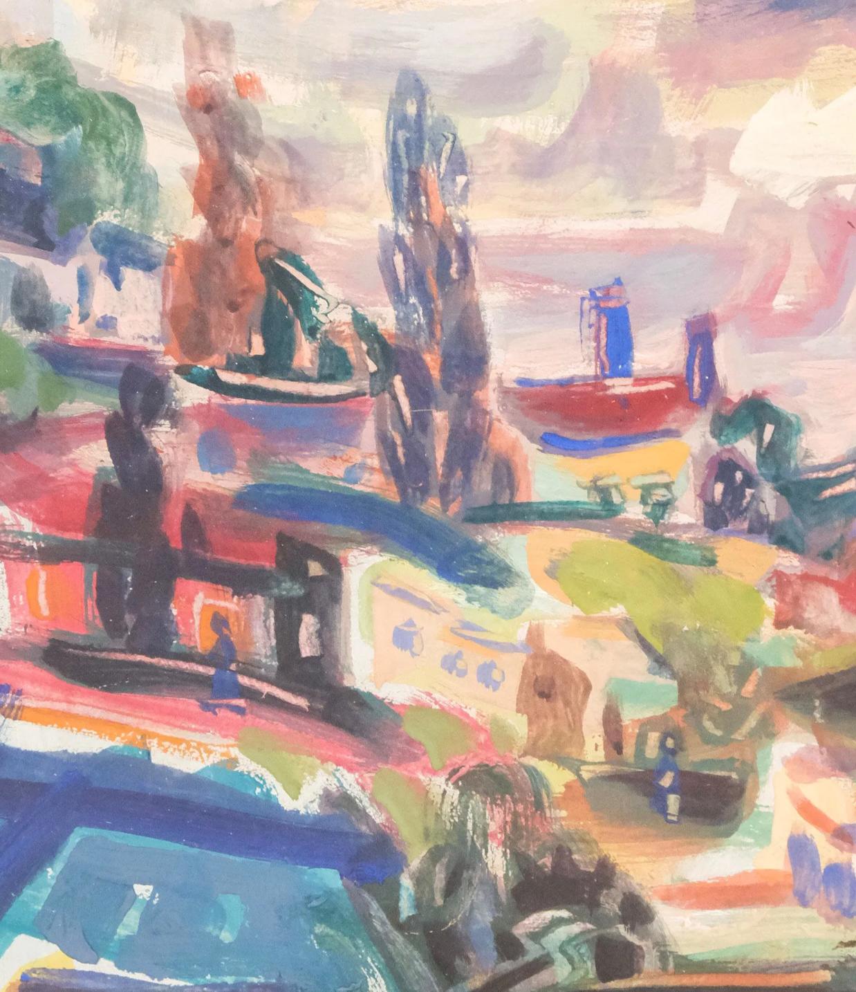 Cette aquarelle vibrante et expressive de l'artiste israélien Isaac Amitai capture une vue radieuse de Safed (Tzfat), la ville historique du nord d'Israël connue pour son héritage mystique et ses panoramas au sommet des collines. La palette fauviste