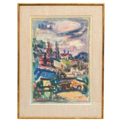 Aquarelle sur papier encadrée représentant la vue de Safed depuis les collines