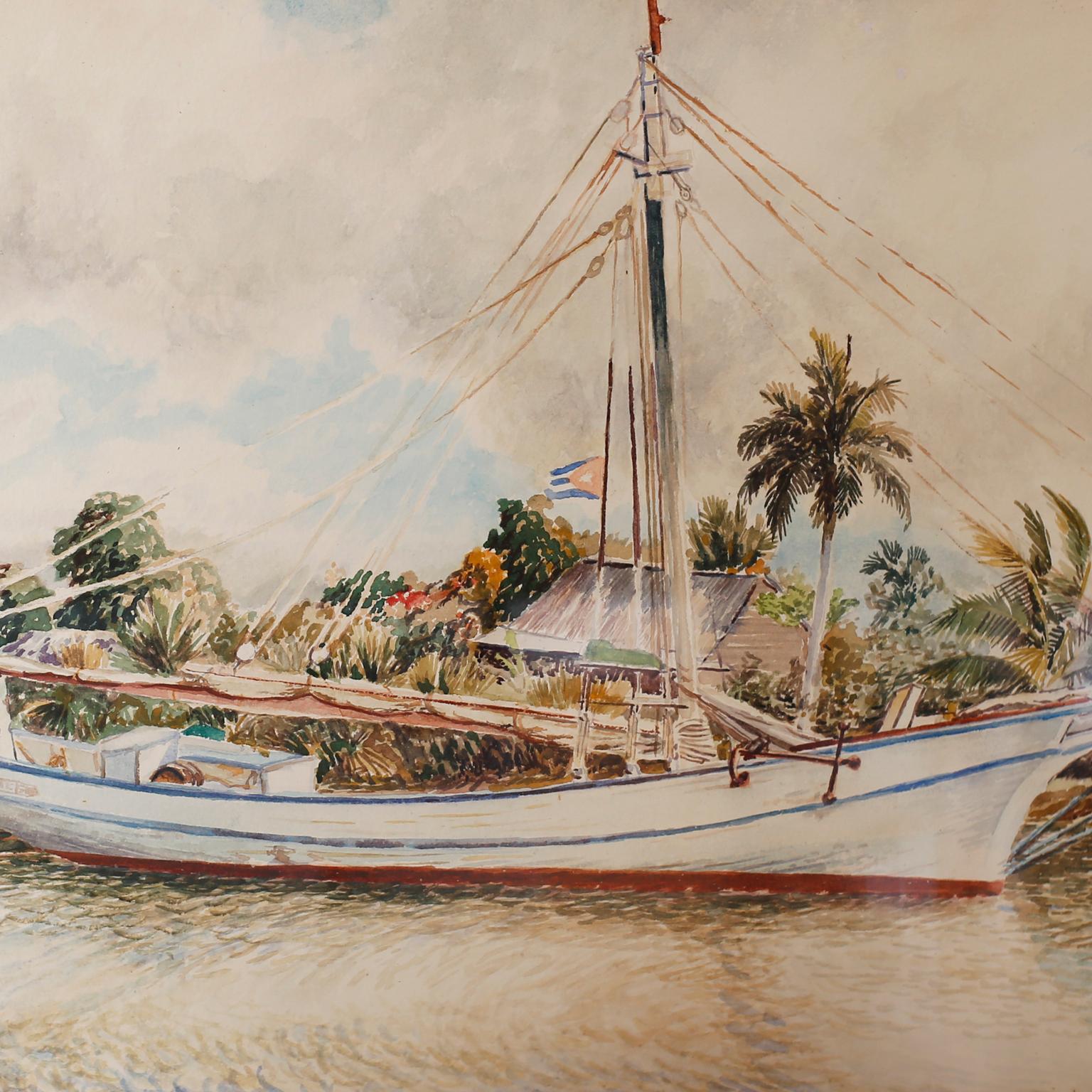 Folk Art Framed Watercolor on Paper of a Cuban Sailboat For Sale