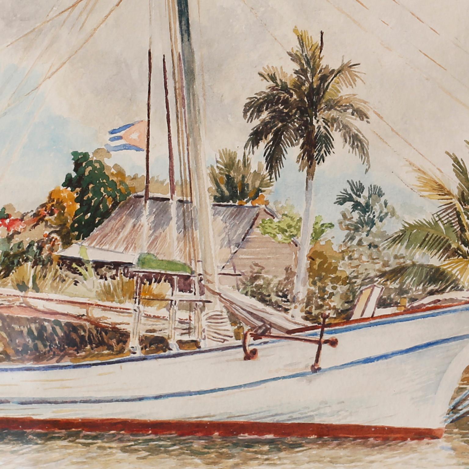 Hand-Painted Framed Watercolor on Paper of a Cuban Sailboat For Sale