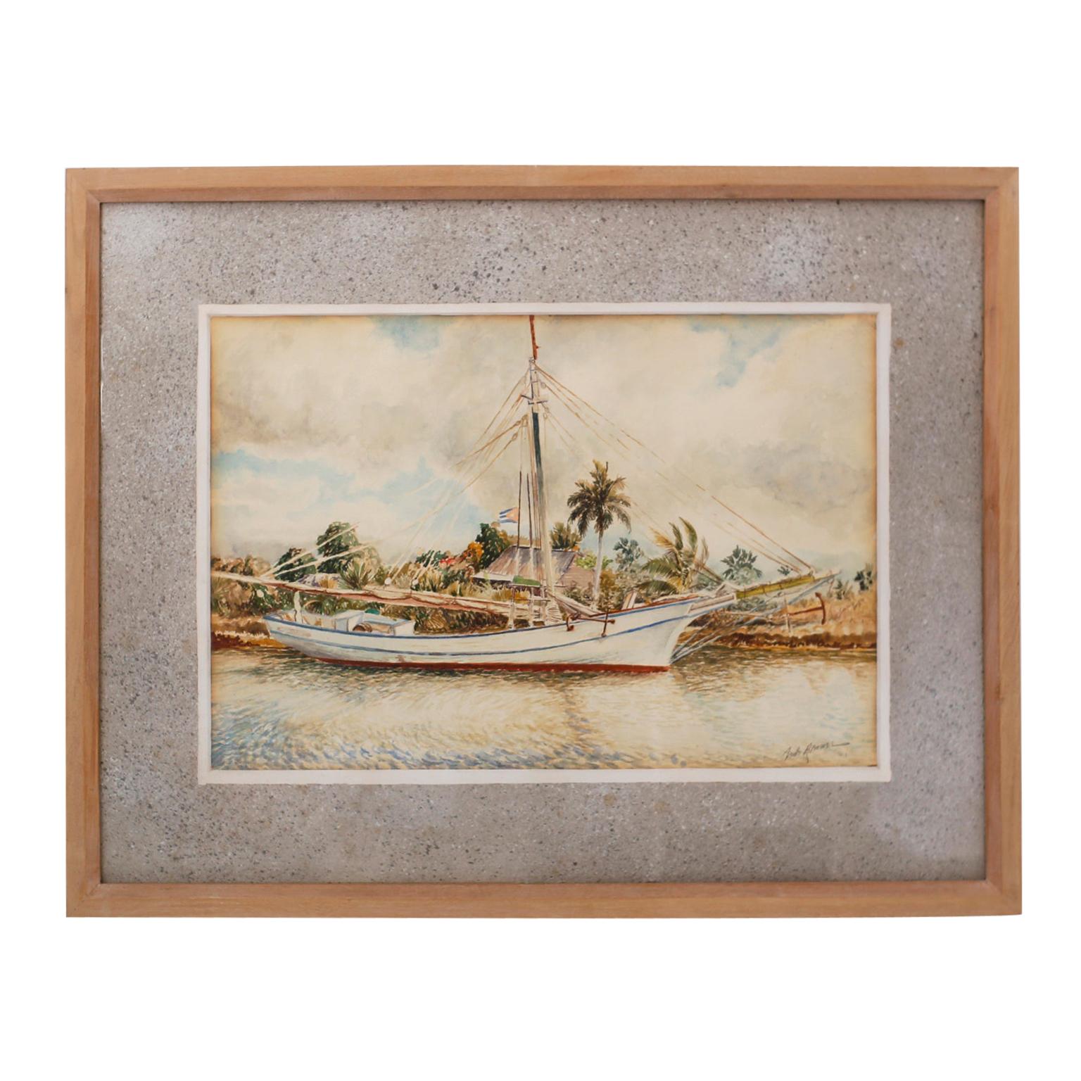 Framed Watercolor on Paper of a Cuban Sailboat