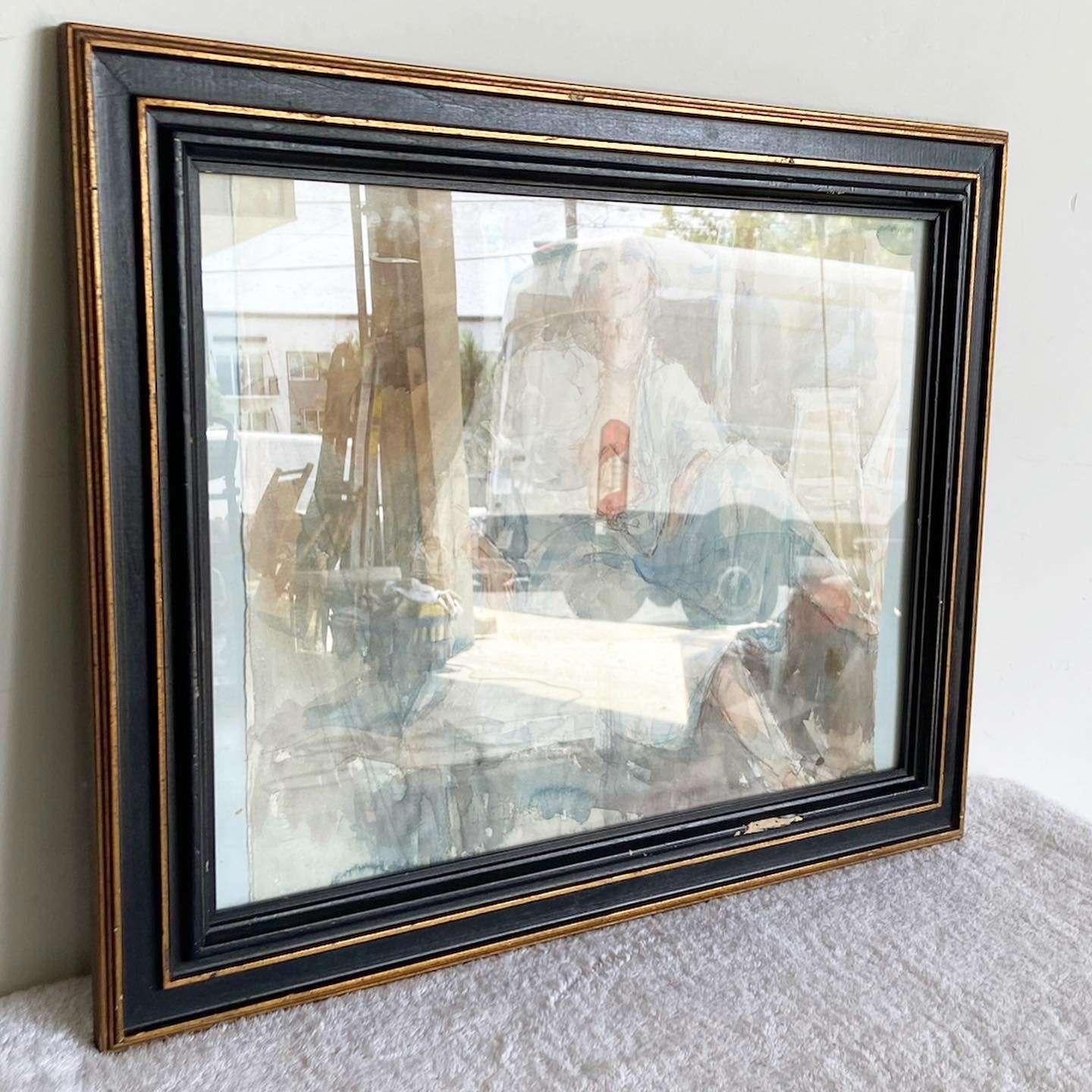 Amazing vintage framed hand painted watercolor painting. Features a portrait of a lady laying with some blue clothes on.