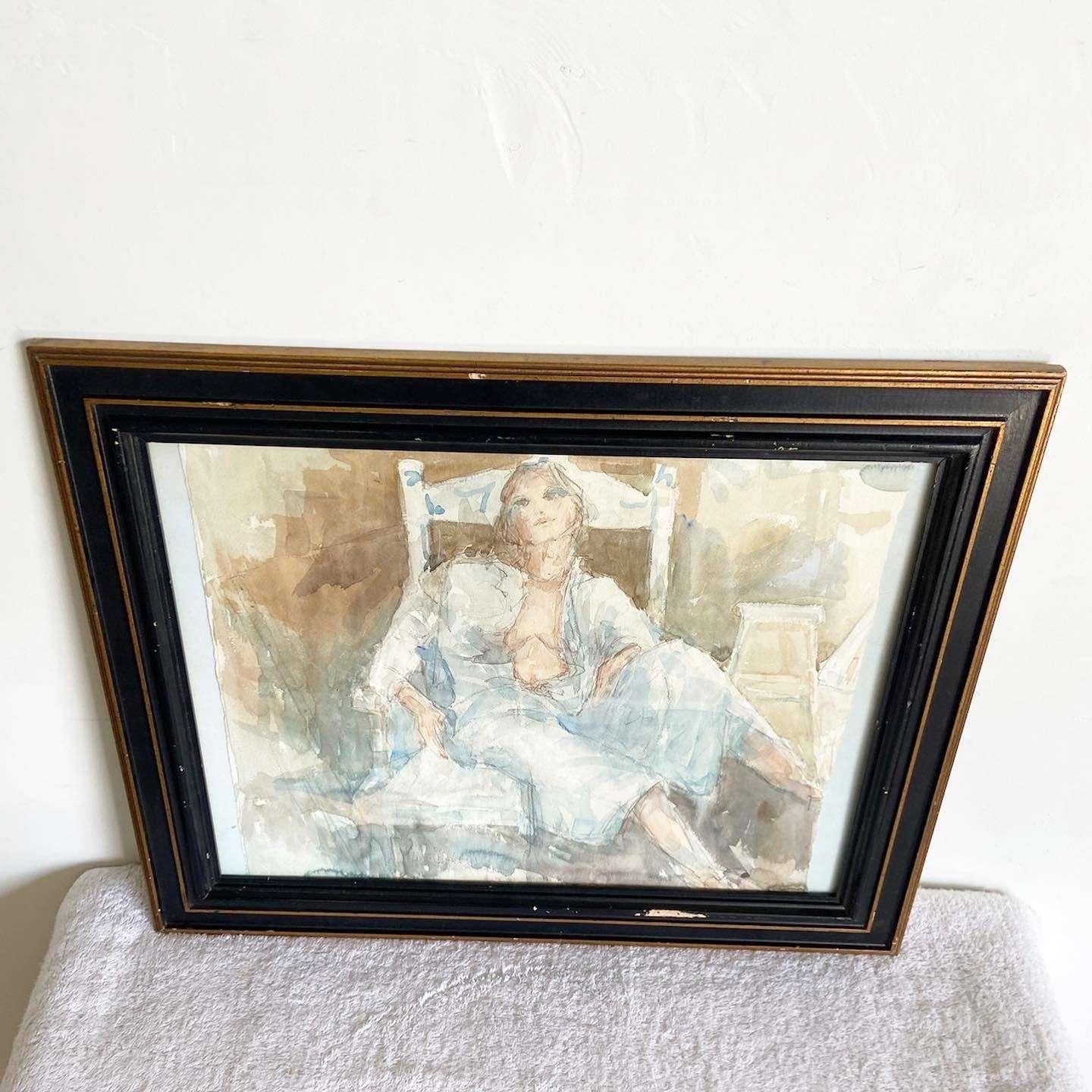 American Framed Watercolor Painting of Lady Lounging in Robe Attire For Sale