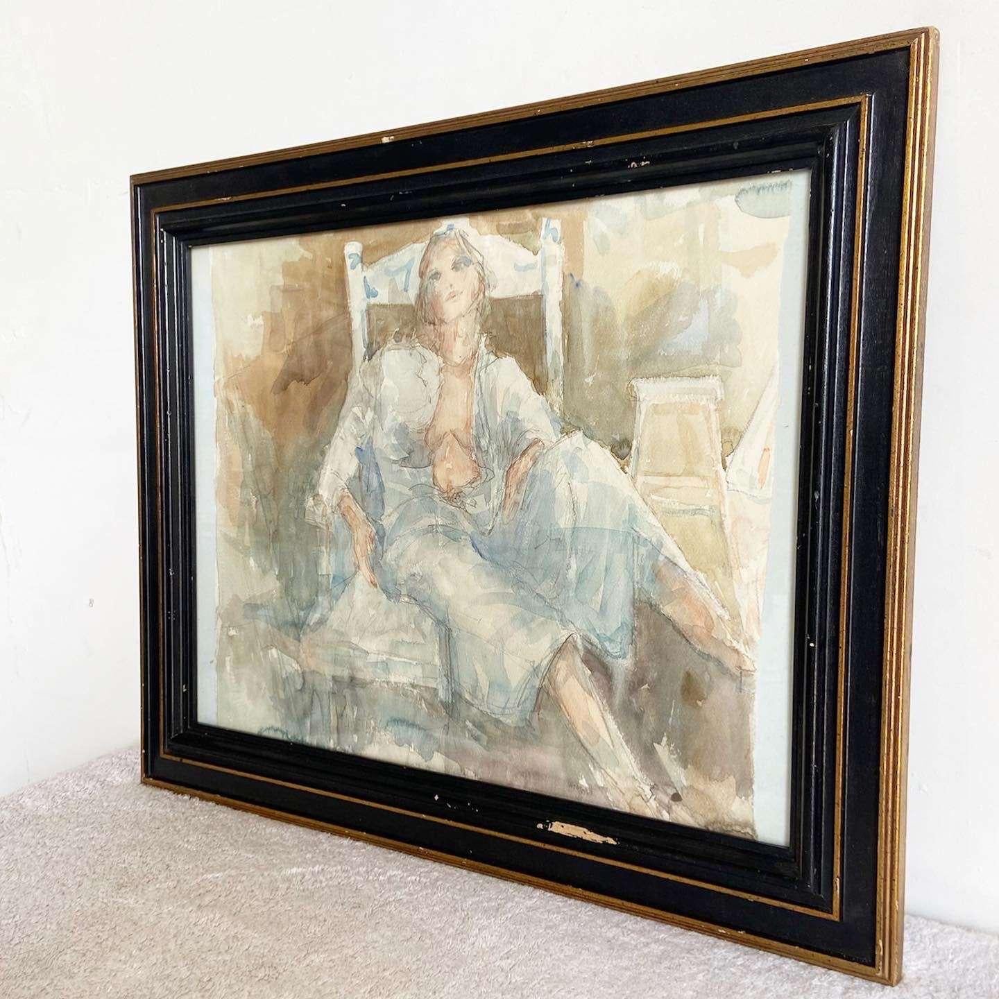 Framed Watercolor Painting of Lady Lounging in Robe Attire In Good Condition For Sale In Delray Beach, FL