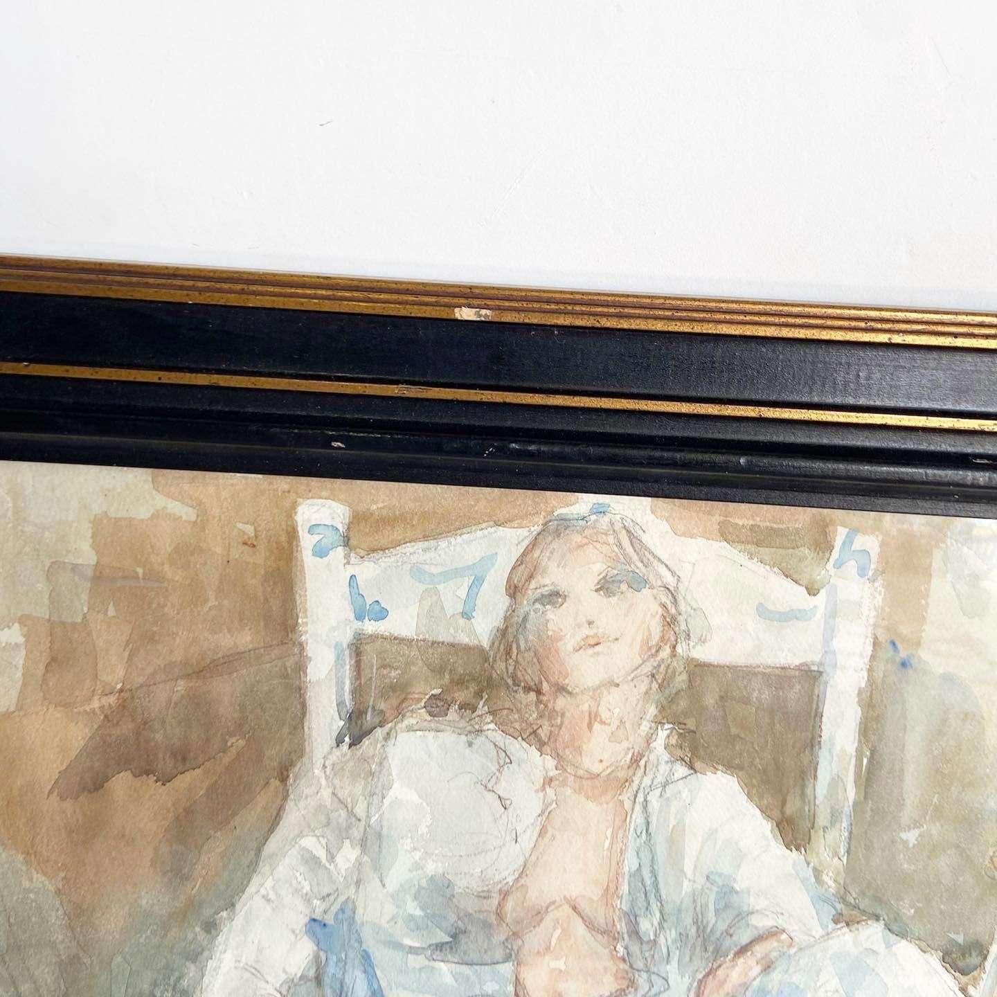 Framed Watercolor Painting of Lady Lounging in Robe Attire For Sale 1