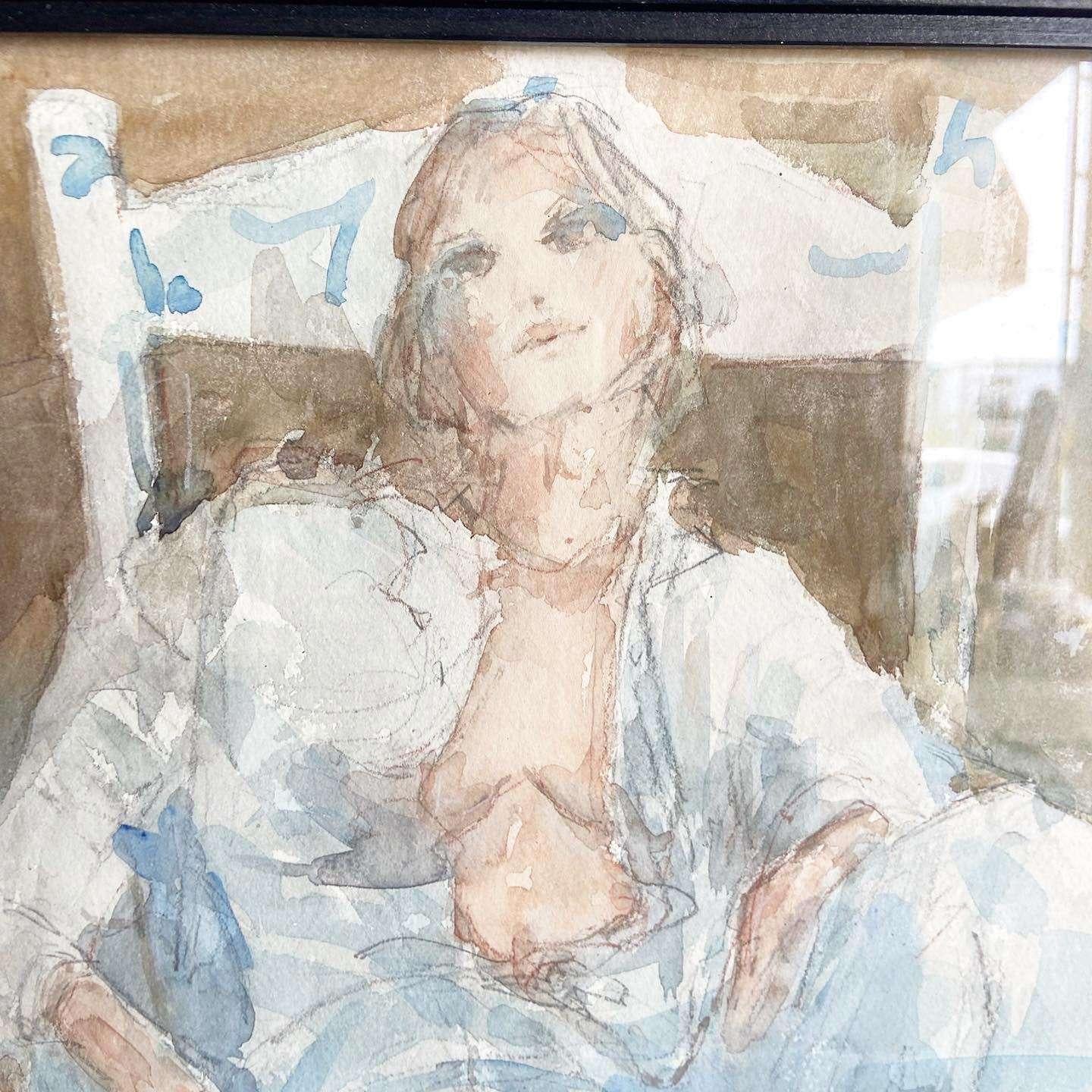 Framed Watercolor Painting of Lady Lounging in Robe Attire For Sale 2