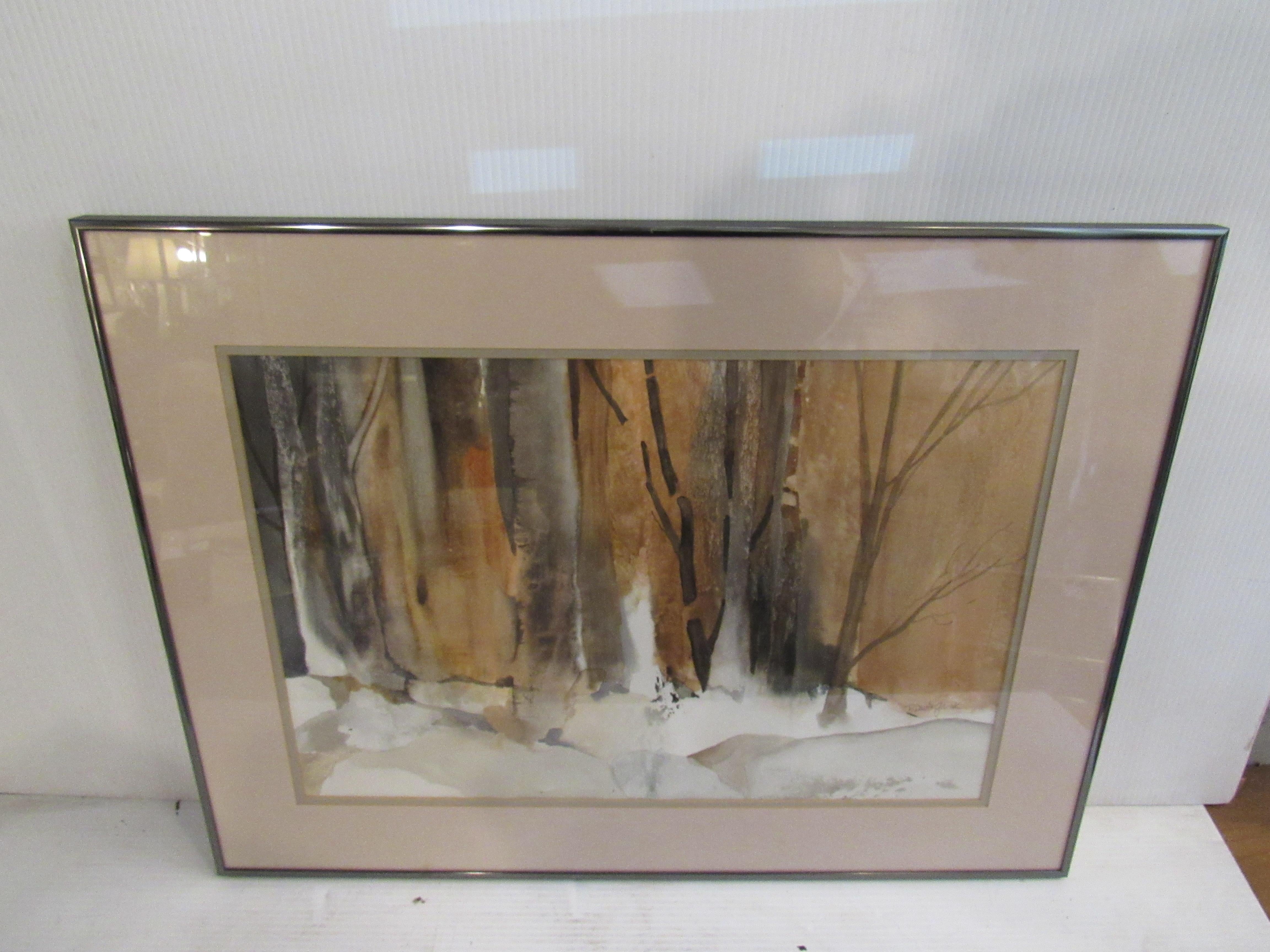 Framed painting by New Jersey artist Patricia Davis-Ganek. A snowy landscape is rendered in watercolors and held in a metal frame with glass cover. Please confirm item location with seller (NY/NJ).