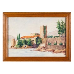 Framed Watercolor Painting with Fort, France, 20th Century