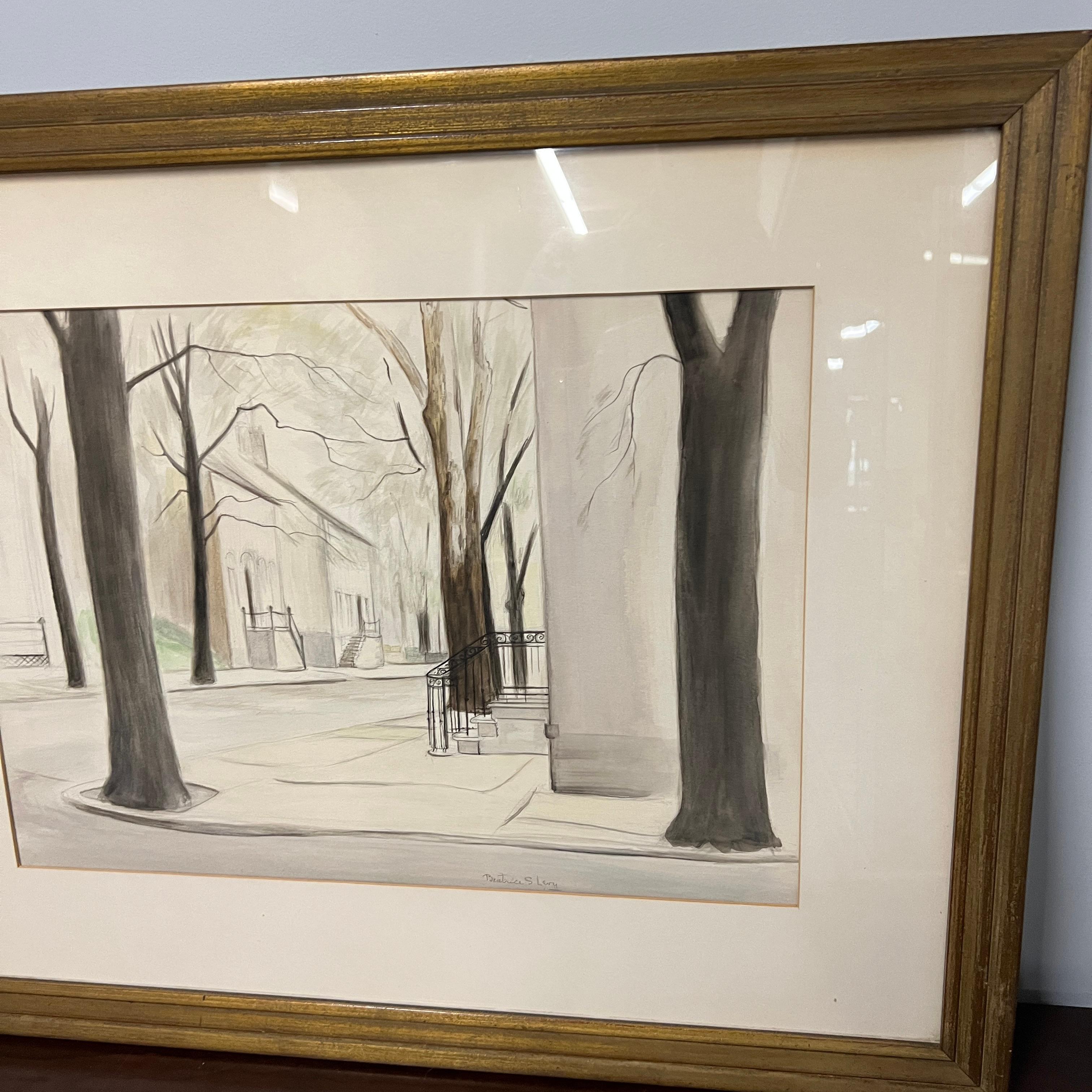 Gerahmtes Aquarell mit dem Titel „Quiet Street Corner“ Madison, in von Beatrice S. Levy (amerikanisch) im Angebot