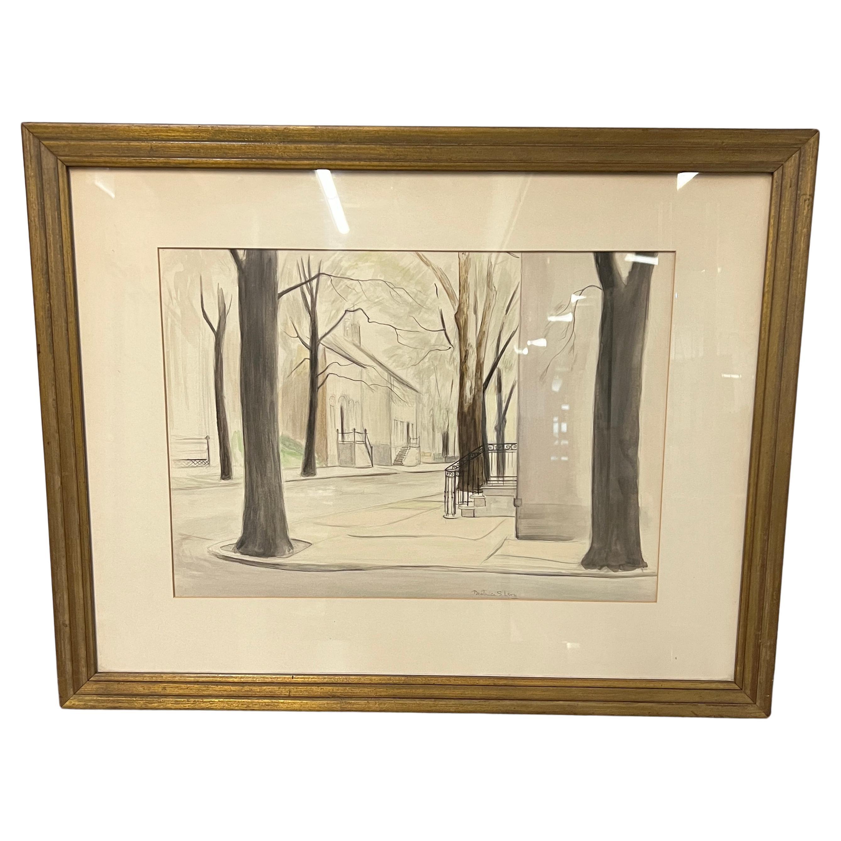Framed Watercolor Titled "Quiet Street Corner" Madison, in by Beatrice S. Levy For Sale
