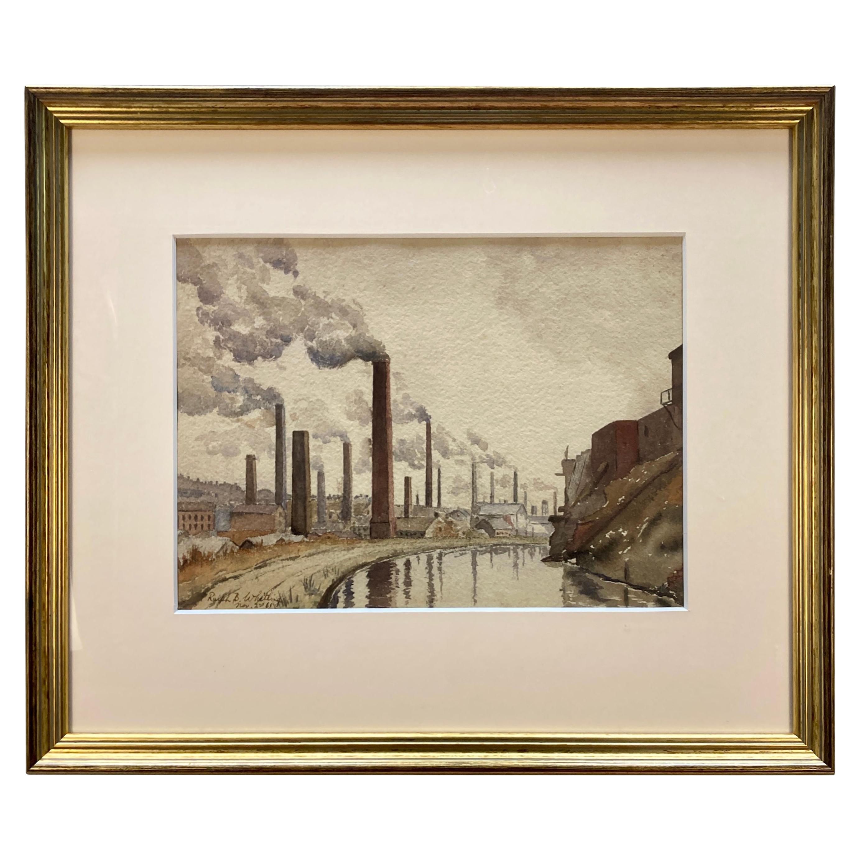 Framed Watercolour Depicting A Northern English Mill Town