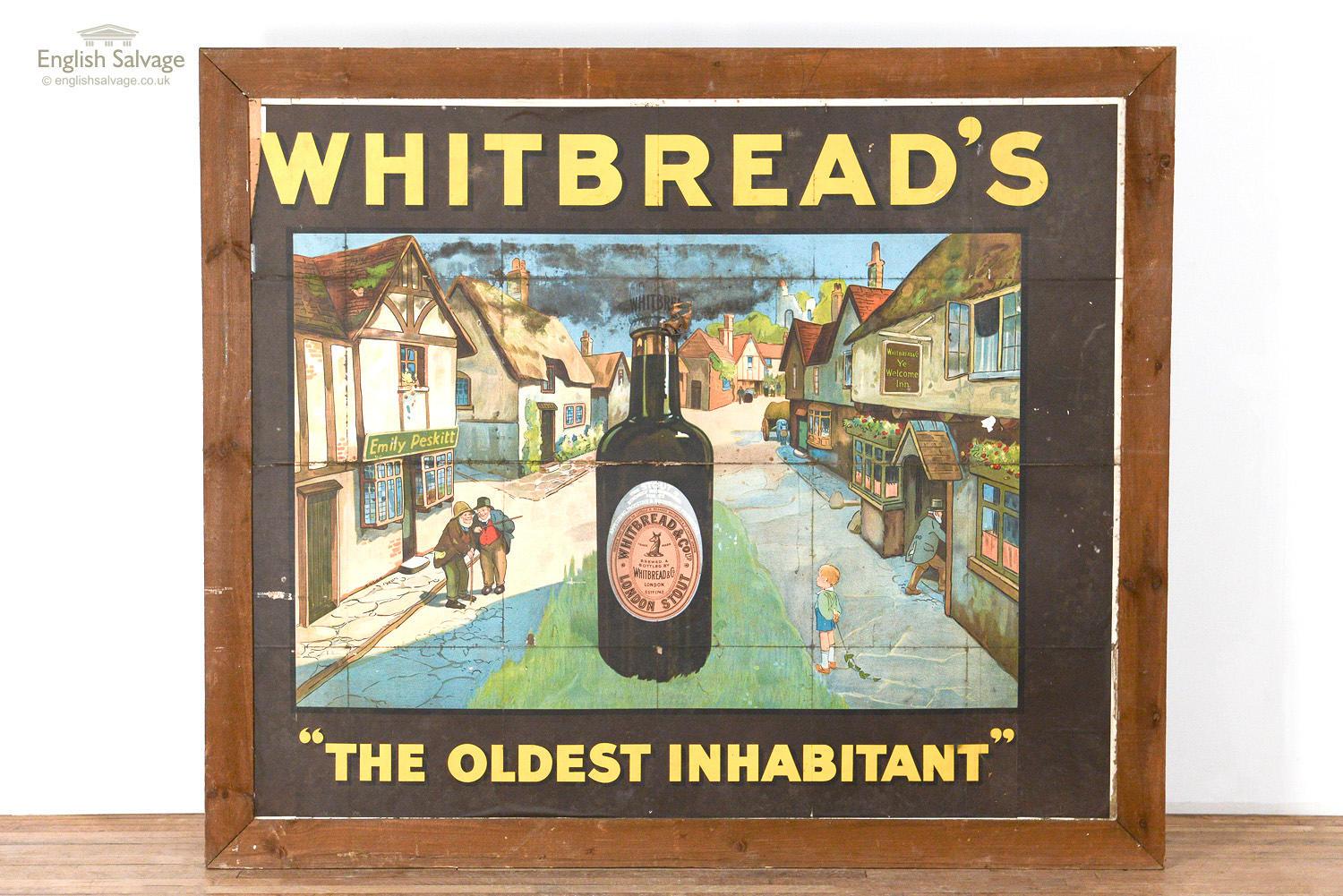 Vintage Whitbread's 'The Oldest Inhabitant' advertising picture in a wooden frame. The size of the picture is 178cm wide x 148cm high, overall size of the frame below. Due to age the picture has a few patches of significant wear and some tearing.