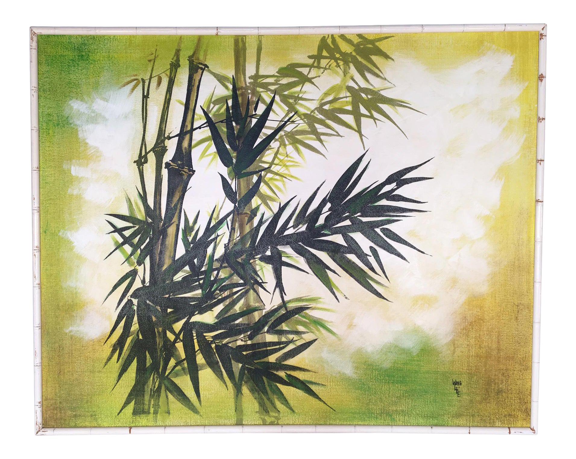 This oversized framed painting by 1970s artist Wing Lee makes a bold statement in any Hollywood Regency decor. Asian inspired bamboo abstract on canvas in greens and yellows with a white faux bamboo frame. Tons of character with it's slightly