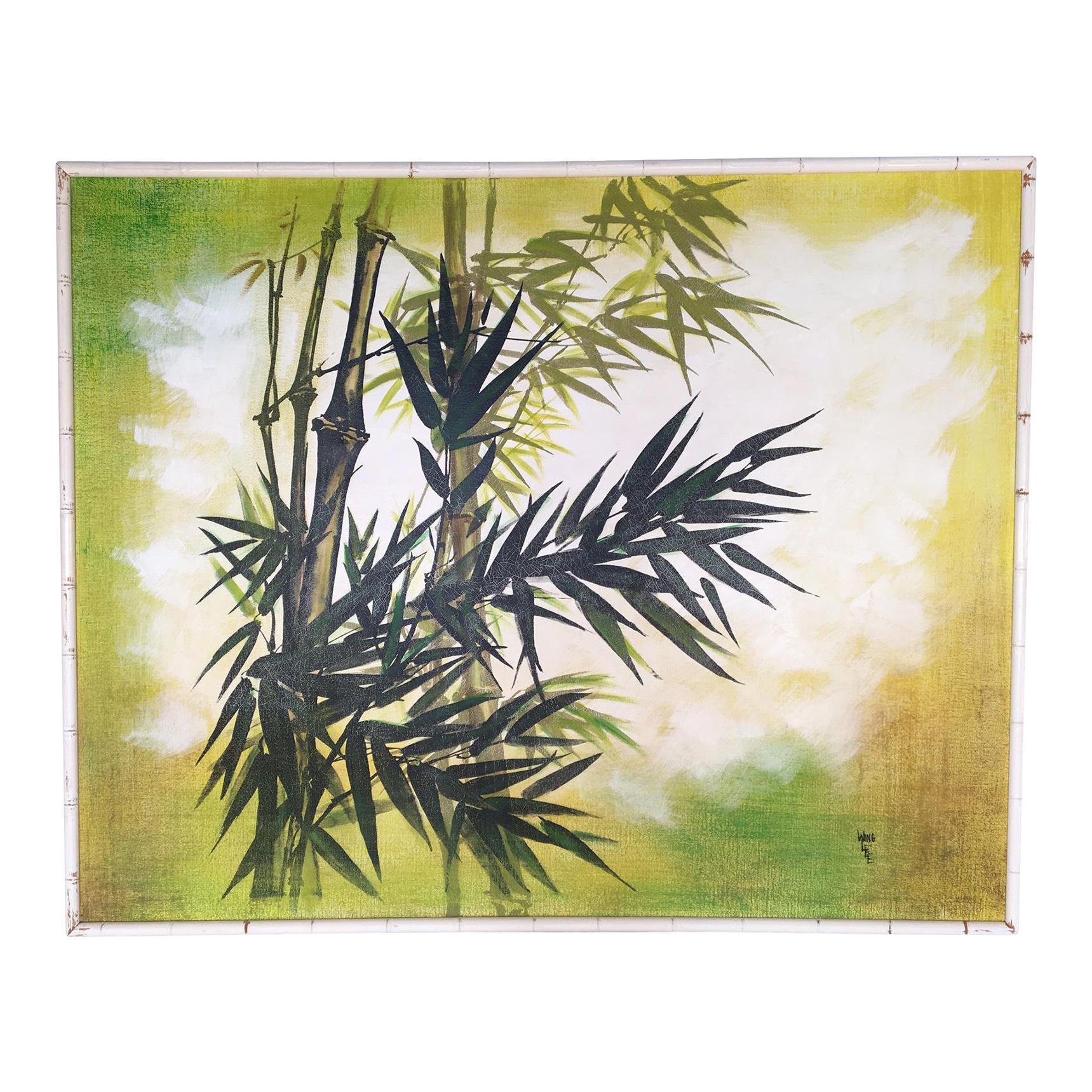 This oversized framed painting by 1970's artist Wing Lee makes a bold statement in any Hollywood Regency decor. Asian inspired bamboo abstract on canvas in greens and yellows with a white faux bamboo frame. Tons of character with it's slightly