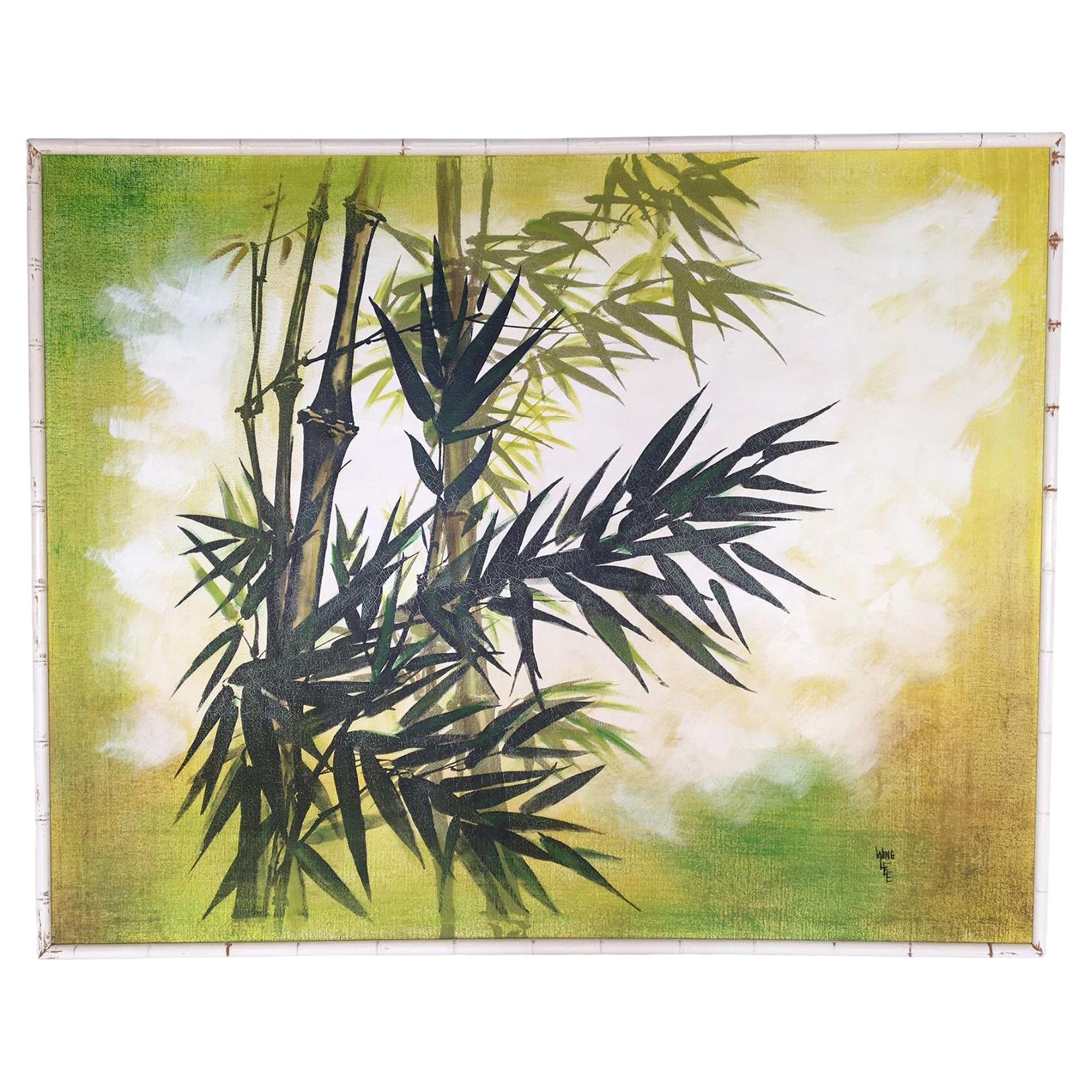 Grande peinture asiatique en bambou du milieu du siècle, encadrée, Wing Lee