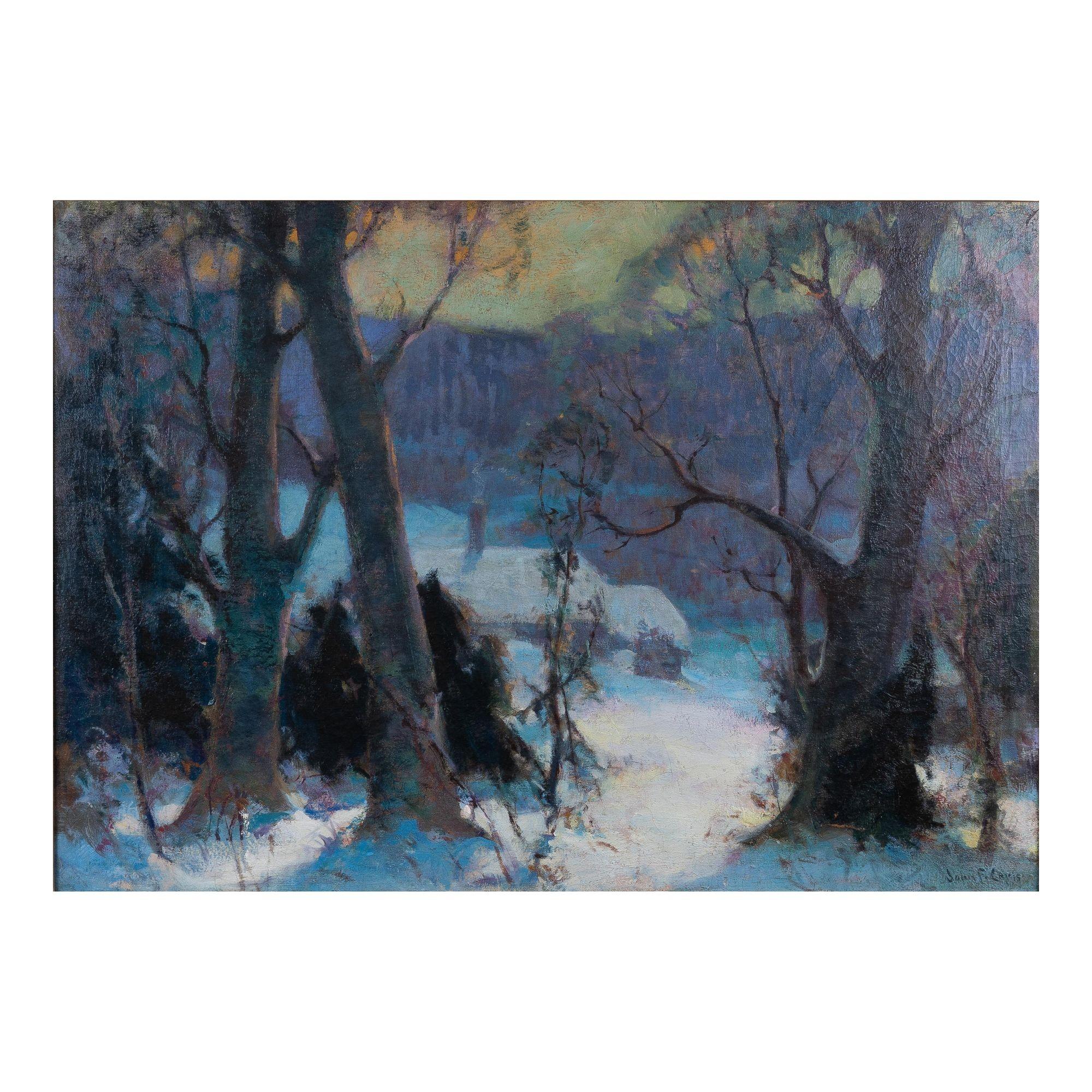 Oil on canvas winter landscape by the renowned Swedish-born American Impressionist painter, John Fabian Carlson. Framed in a lemon gold molding.
American, circa 1920.