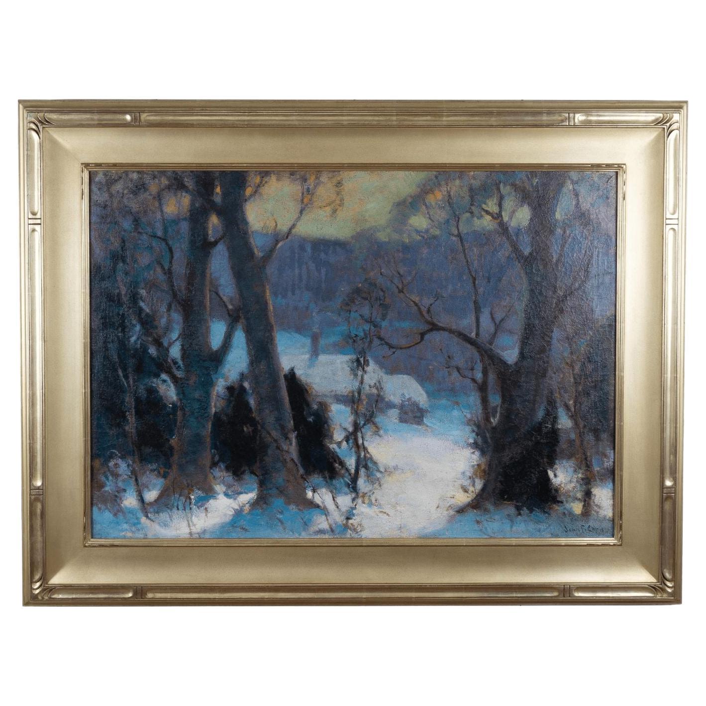 Peinture à l'huile d'un paysage d'hiver encadrée de John Fabian Carlson, années 1920