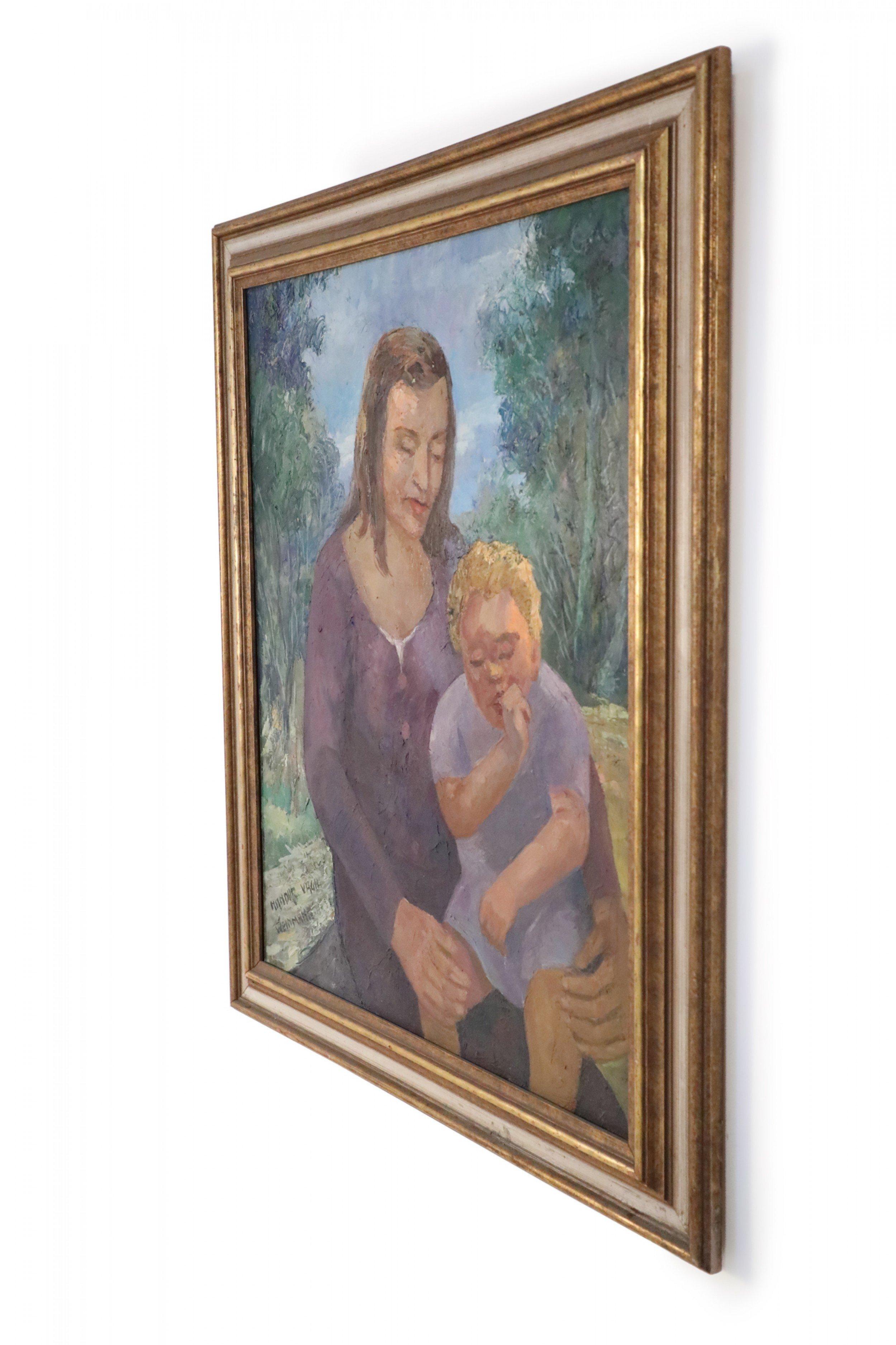 Vintage (20th century) oil painting of a woman holding a thumb-sucking child on her knee, against a nature-filled background, in a rectangular, giltwood frame.
   