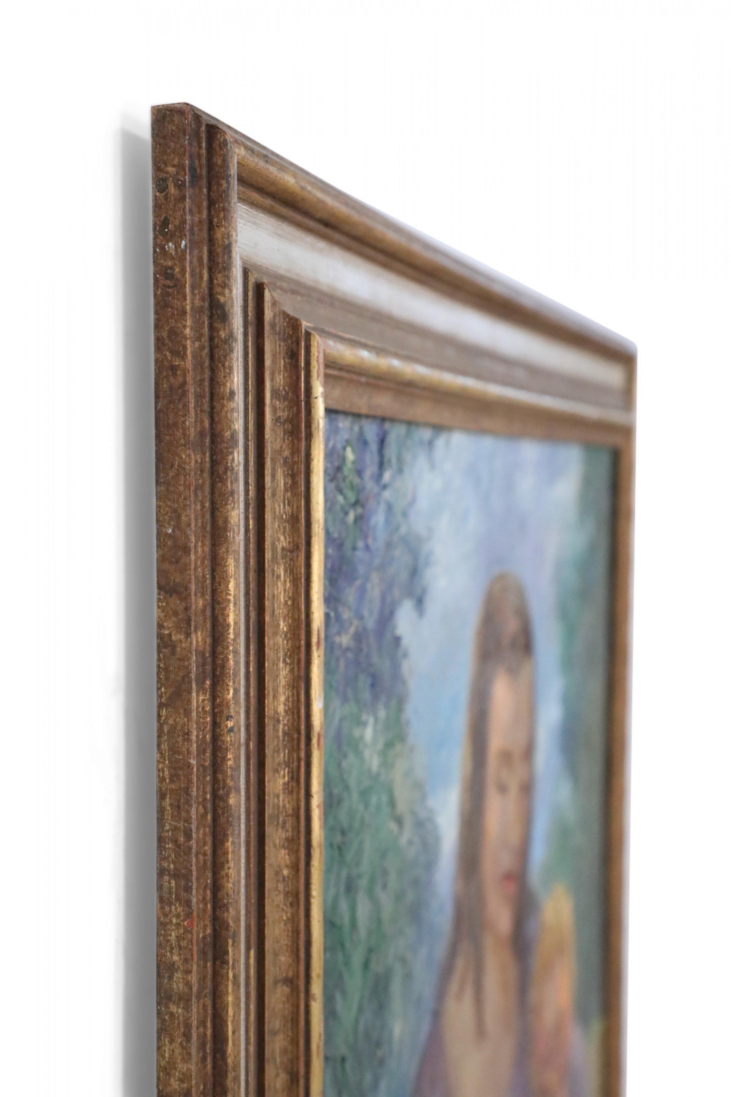 Mid-Century Modern Framed Woman with Child Portrait Oil Painting For Sale