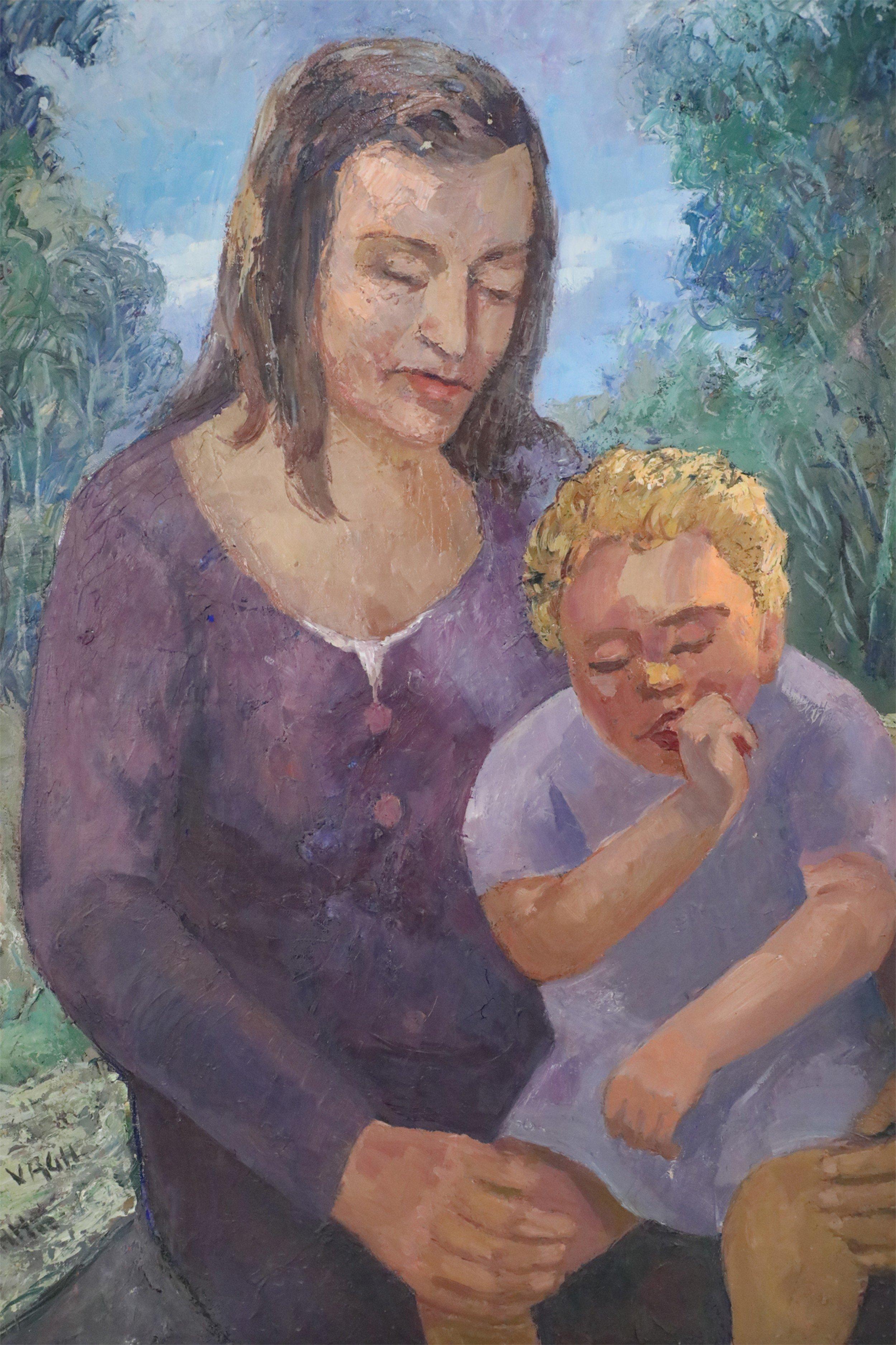 Huilé Peinture à l'huile - Portrait encadré d'une femme avec un enfant en vente