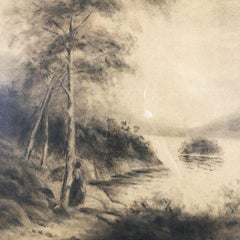 Framed Women by Lake Landscape Charcoal on Paper by Irene Radcliffe, 1971