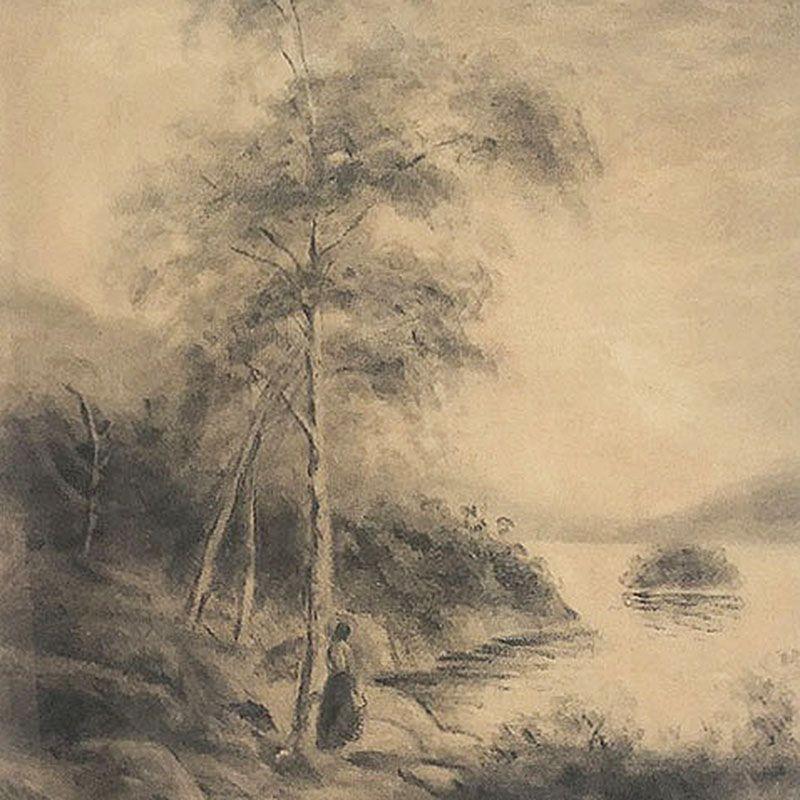 Gerahmte Frauen am See Landschaft Zeichenkohle auf Papier von Irene Radcliffe, 1971 (Neoklassisch) im Angebot