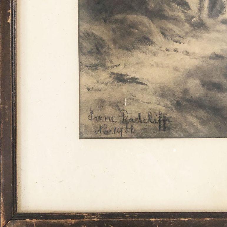 Gerahmte Frauen am See Landschaft Zeichenkohle auf Papier von Irene Radcliffe, 1971 (amerikanisch) im Angebot