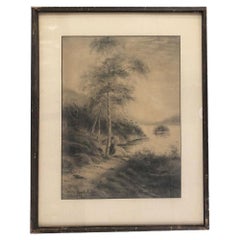 Fusain sur papier encadré « Women by Lake Landscape » par Irene Radcliffe, 1971