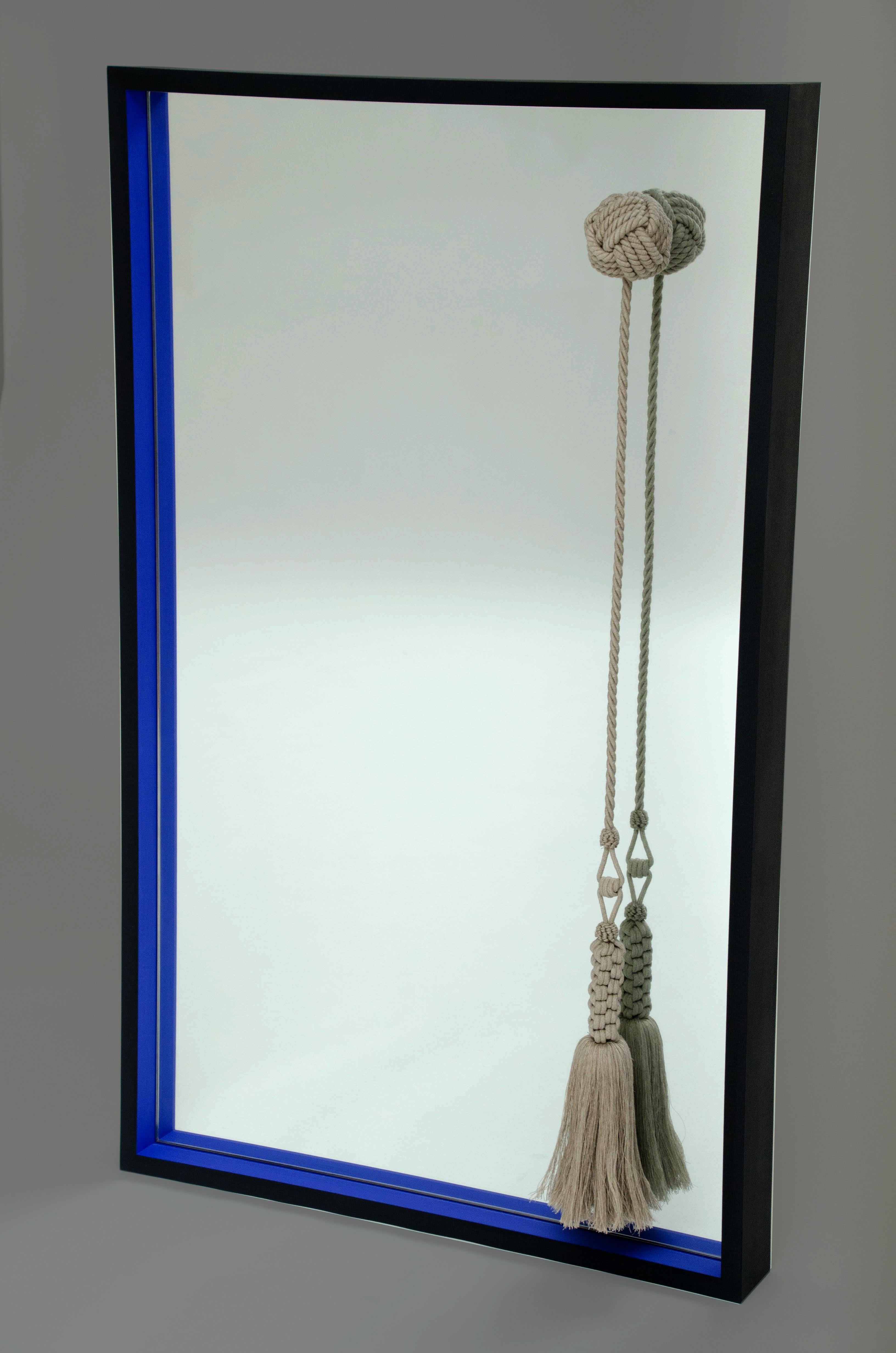 Framed Wood Wall Mirror with Linen Knot and Tassel In Excellent Condition In New York, NY