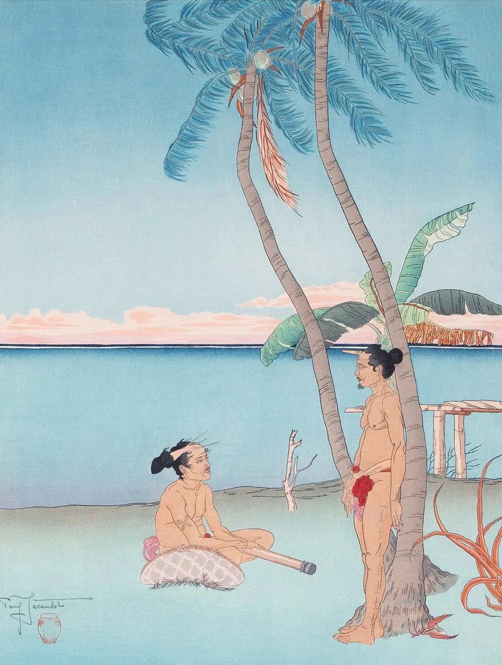 A Japanese Woodblock print by Paul Jacoulet (French, 1896-1960) entitled Apres Le Pluie. Tarang, Yap (After the rain). Created in 1938, this print was considered to be Jacoulet's first attempt to tell a story with a psychological depth through an