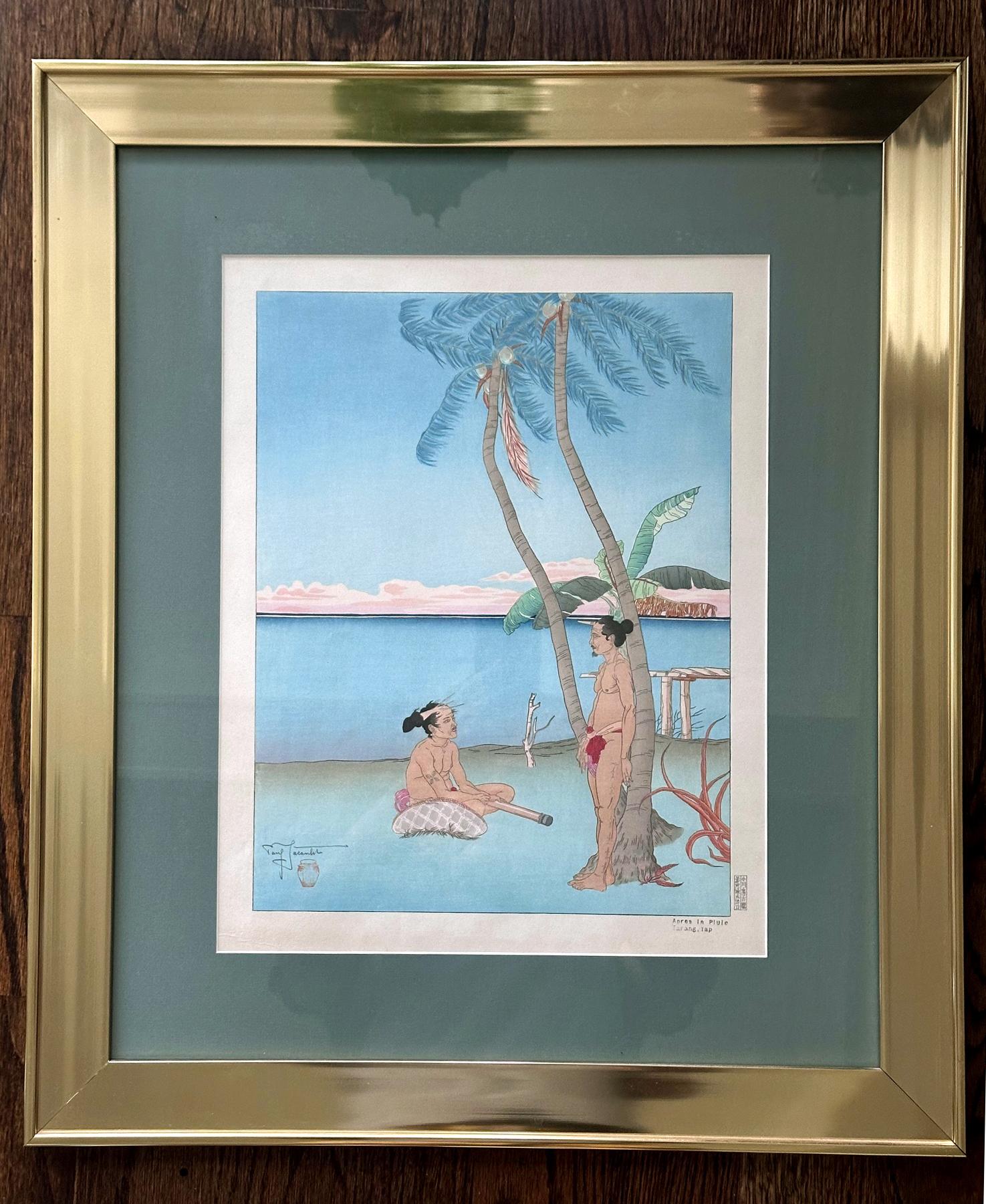 Grabado en madera japonesa enmarcado Apres La Pluie Tarang Yap de Paul Jacoulet Moderno en venta