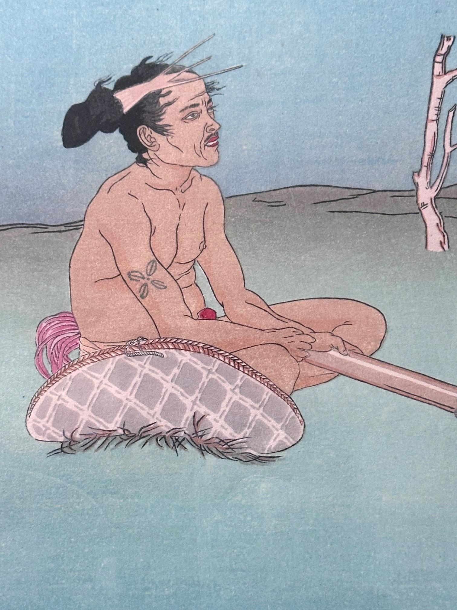 Grabado en madera japonesa enmarcado Apres La Pluie Tarang Yap de Paul Jacoulet mediados del siglo XX en venta