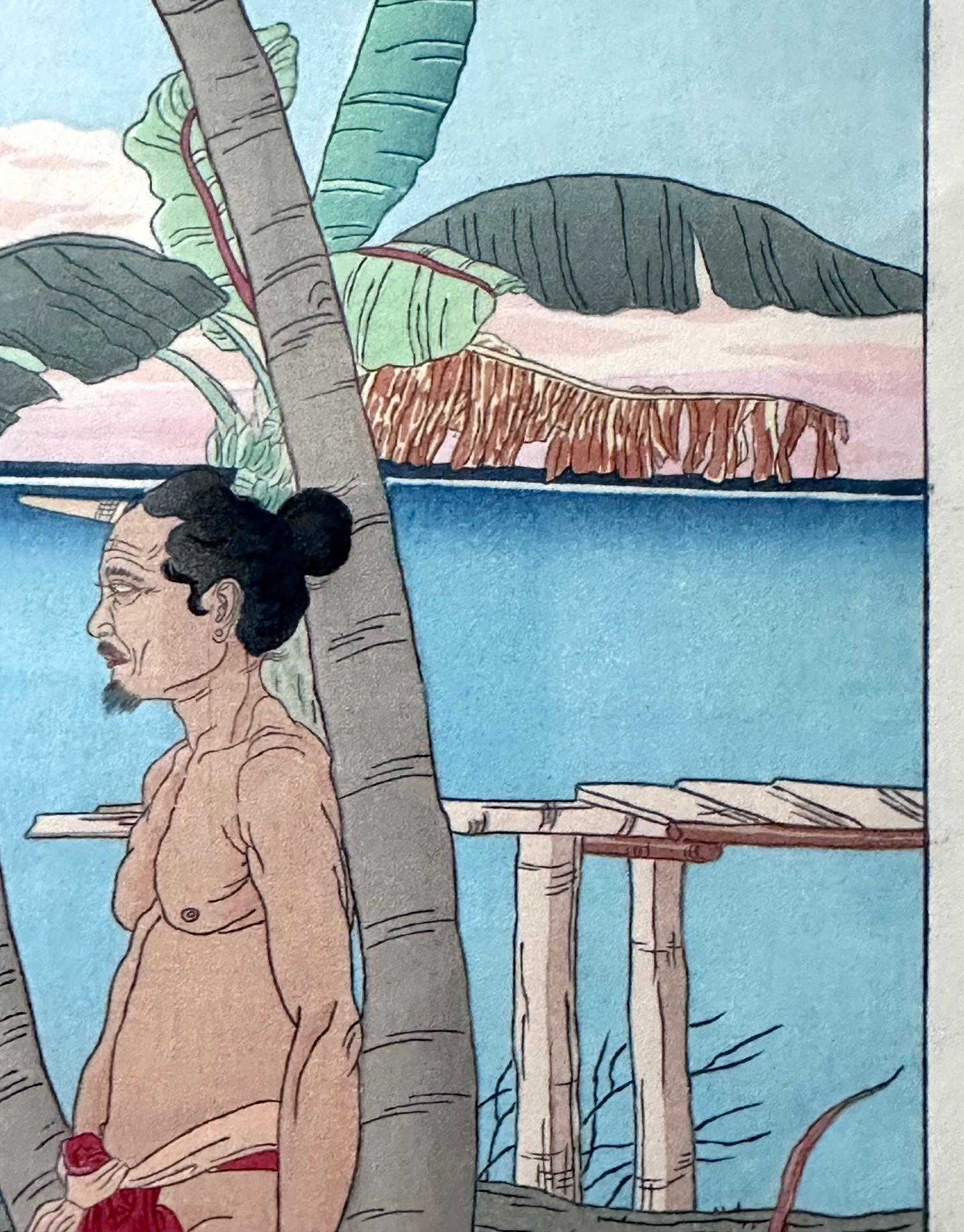 Grabado en madera japonesa enmarcado Apres La Pluie Tarang Yap de Paul Jacoulet Latón en venta