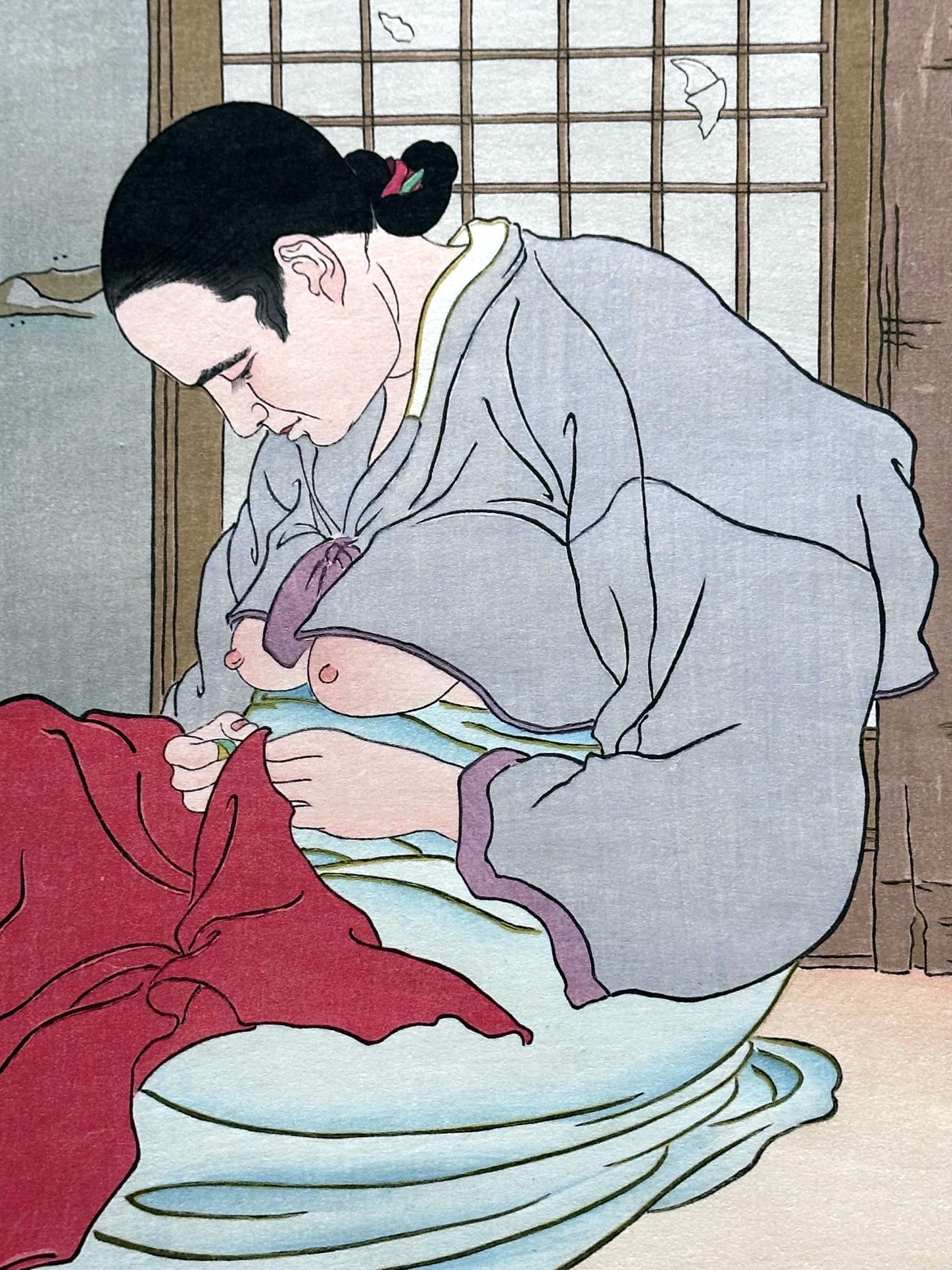 Gerahmter Farbholzschnitt La Lettre du Fils Coree Frühe Version von Paul Jacoulet (Japanisch) im Angebot