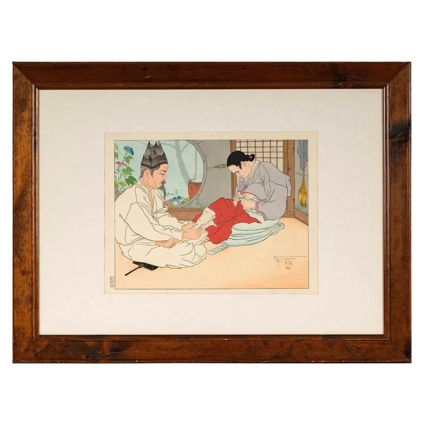 Framed Woodblock Print La Lettre du Fils Coree Early Version by Paul Jacoulet