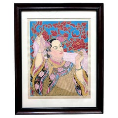 Vintage Framed Japanese Woodblock Print Les Perles by Paul Jacoulet