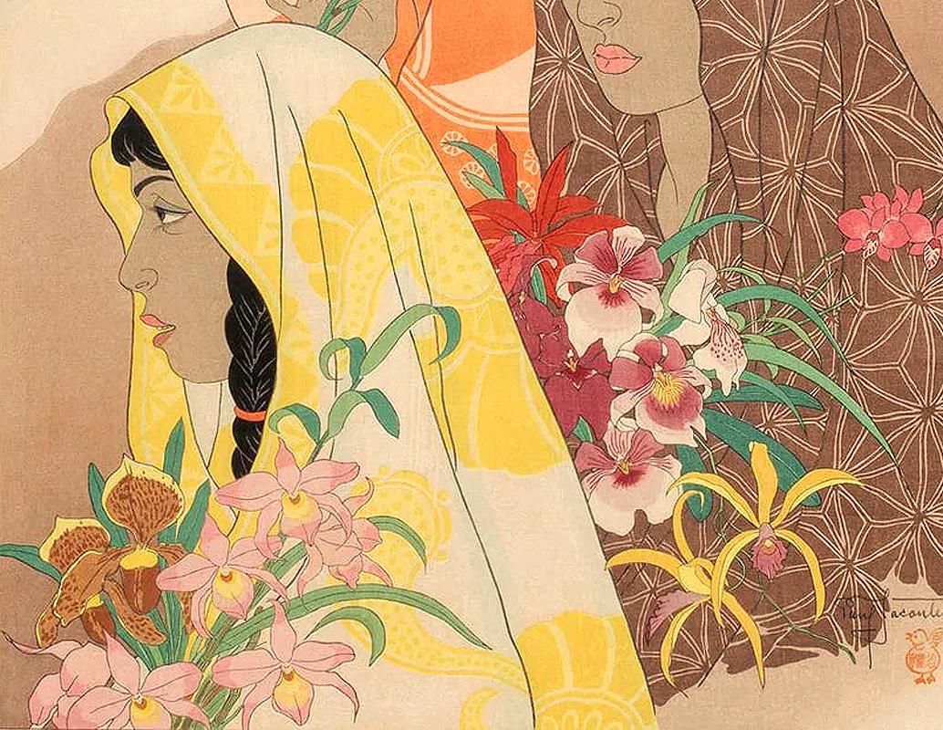 Grabado xilográfico enmarcado Retour de la Jungle Tondana Celebes de Paul Jacoulet Japonés en venta