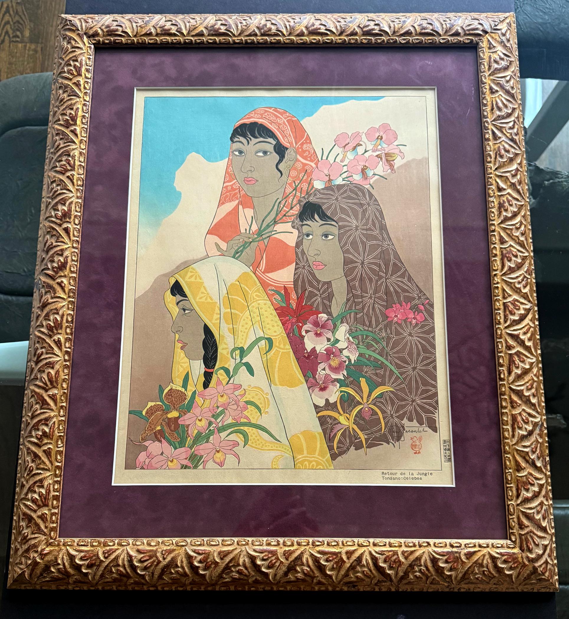 Grabado xilográfico enmarcado Retour de la Jungle Tondana Celebes de Paul Jacoulet Madera en venta
