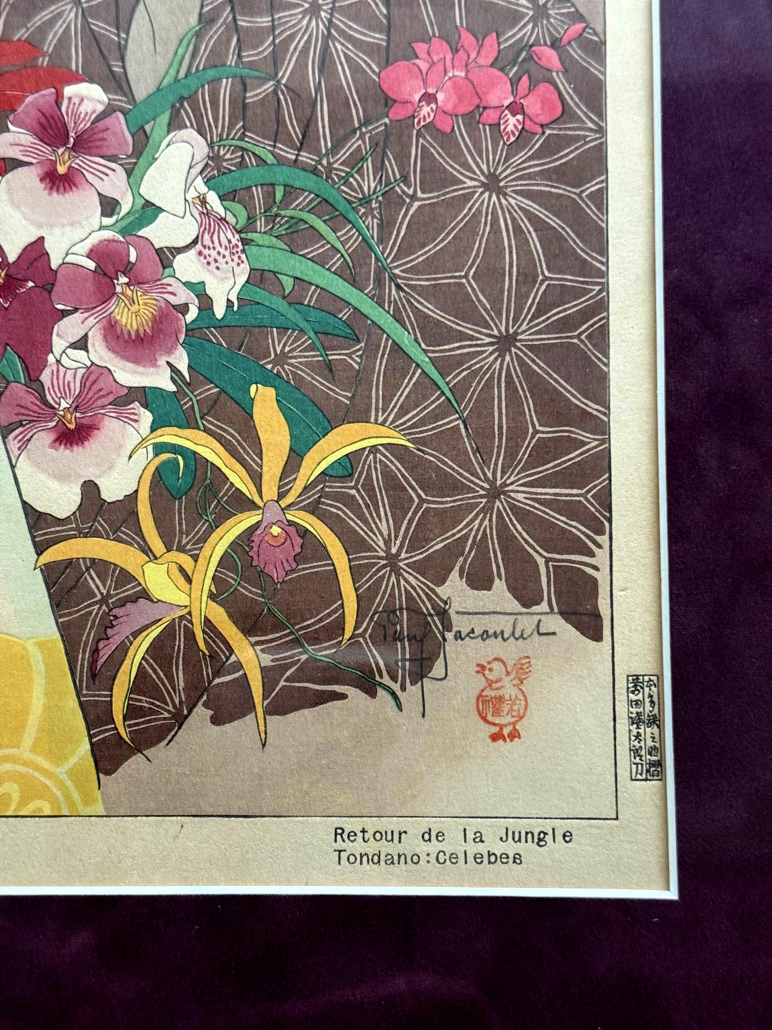 Grabado xilográfico enmarcado Retour de la Jungle Tondana Celebes de Paul Jacoulet en venta 1