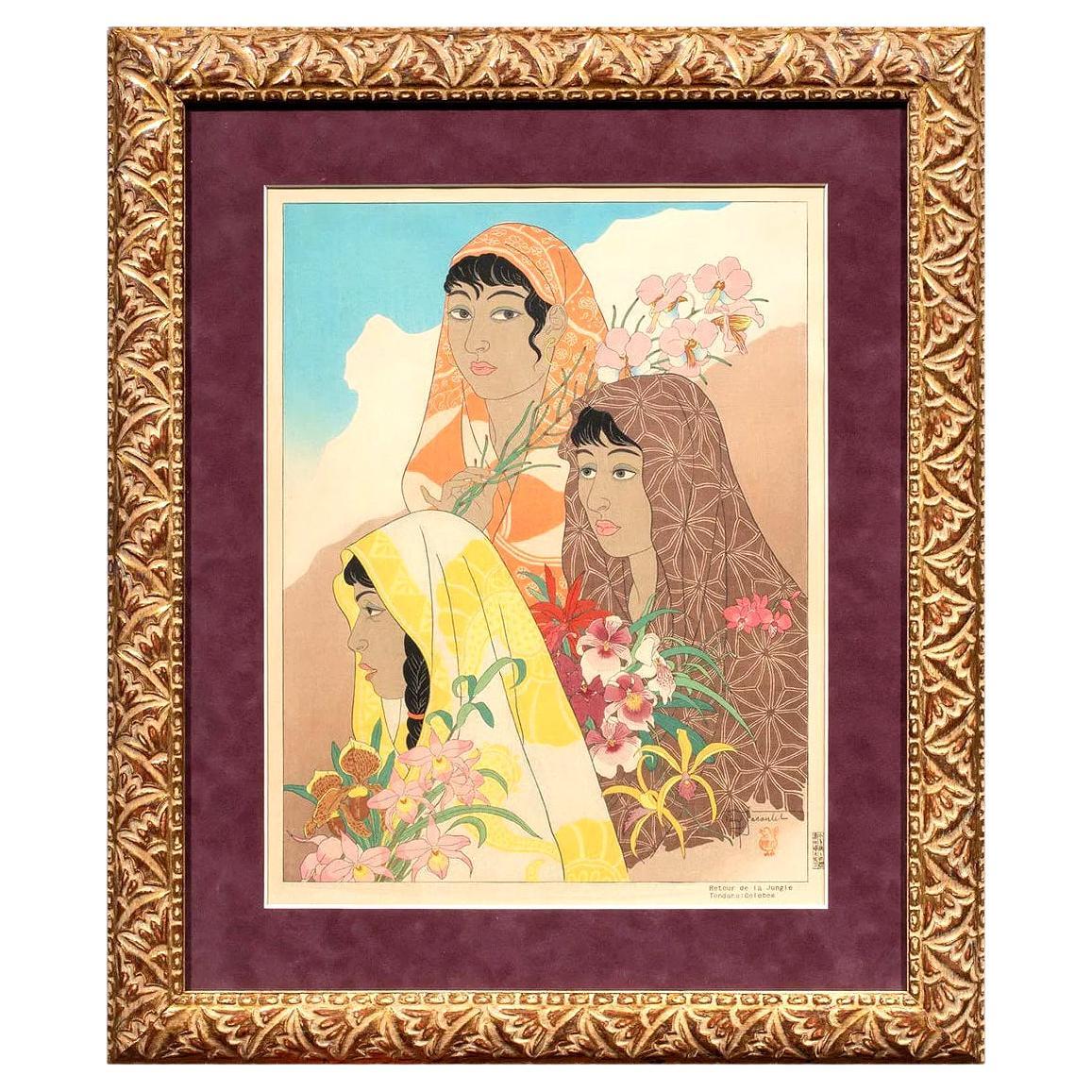 Framed Woodblock Print Retour de la Jungle Tondana Celebes by Paul Jacoulet