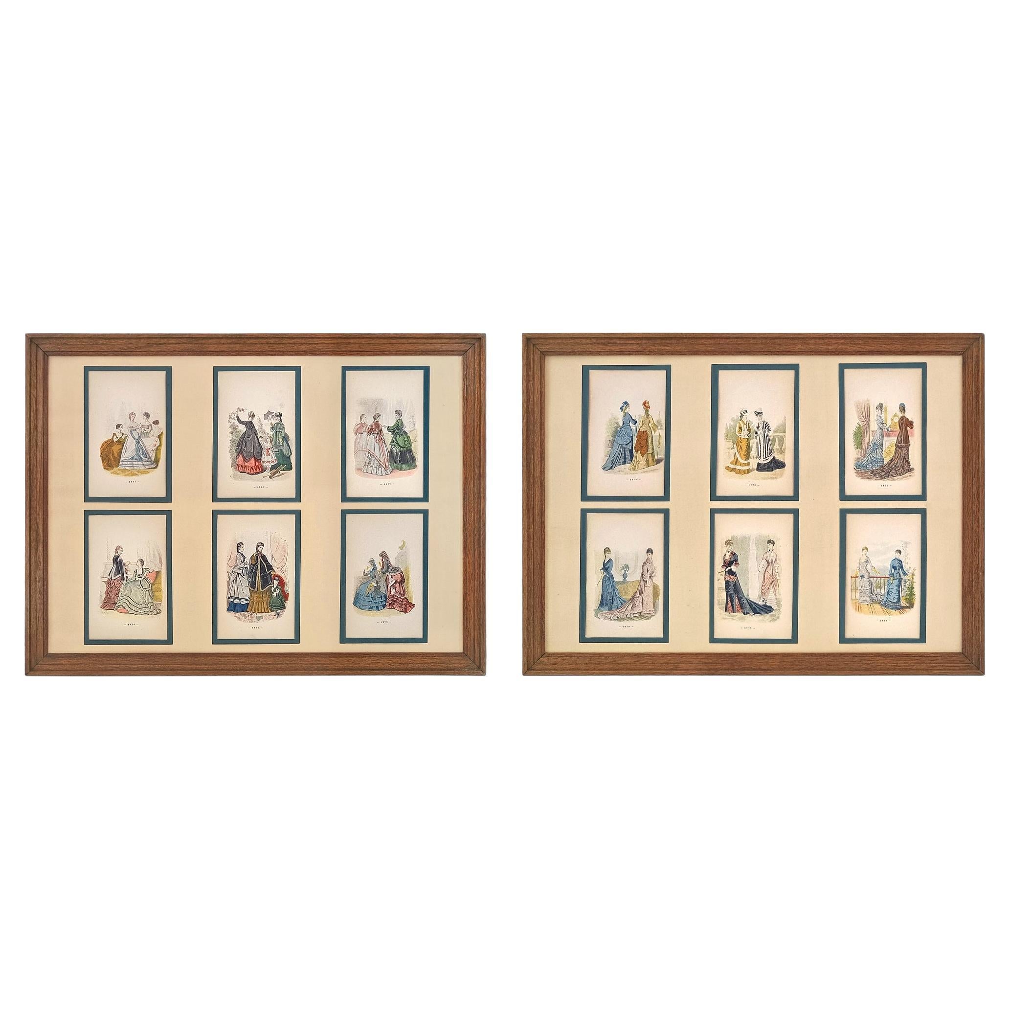 Œuvres sur papier encadrées, 12 illustrations de modes féminines françaises, vers 1896 en vente