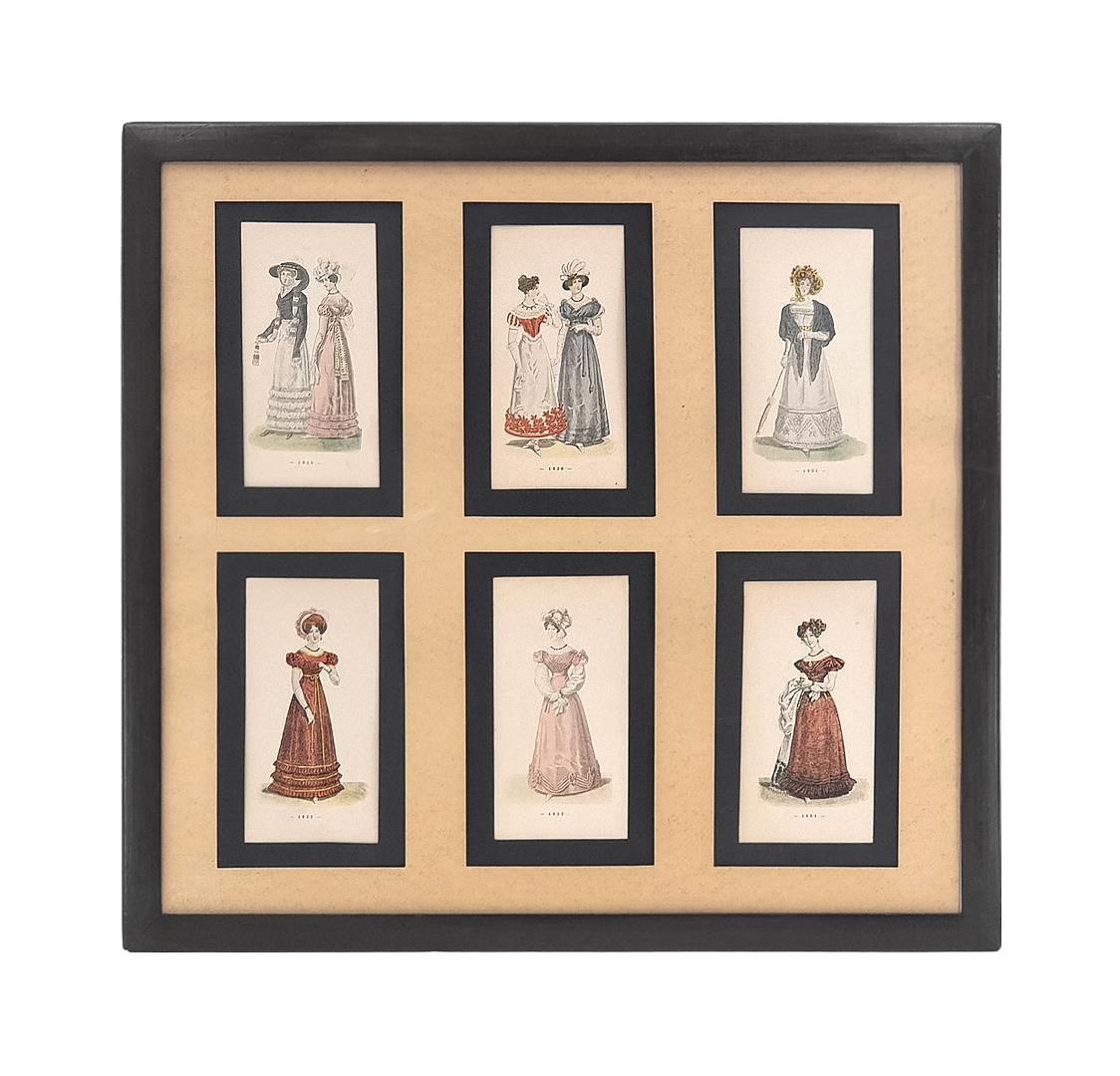 A pair of antique frames (blackened limewood) , from the late 19th century, featuring a set of 12 color illustrations of French women's fashion from 1819 to 1830.

A first frame under glass with 6 illustrations of the history of women's costume from