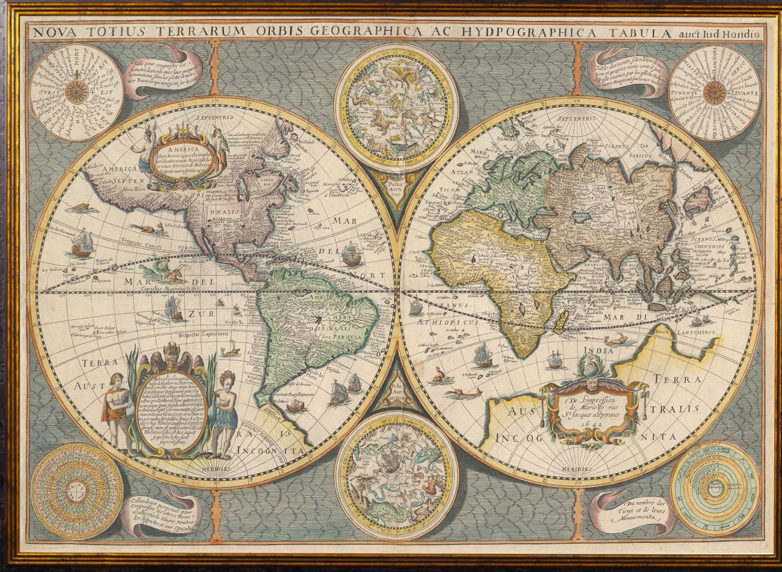 This is a digitally remastered World Map Conjuring up the golden age of exploration, from an original 1642 double hemisphere map of the world. It  includes pictorial relief illustrations and detailed notations from Marco Polo, most notably the place
