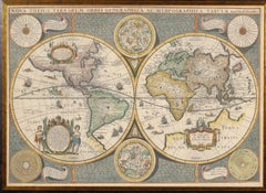 Framed World Map print showing double hemisphere dating to 1642 originally, New