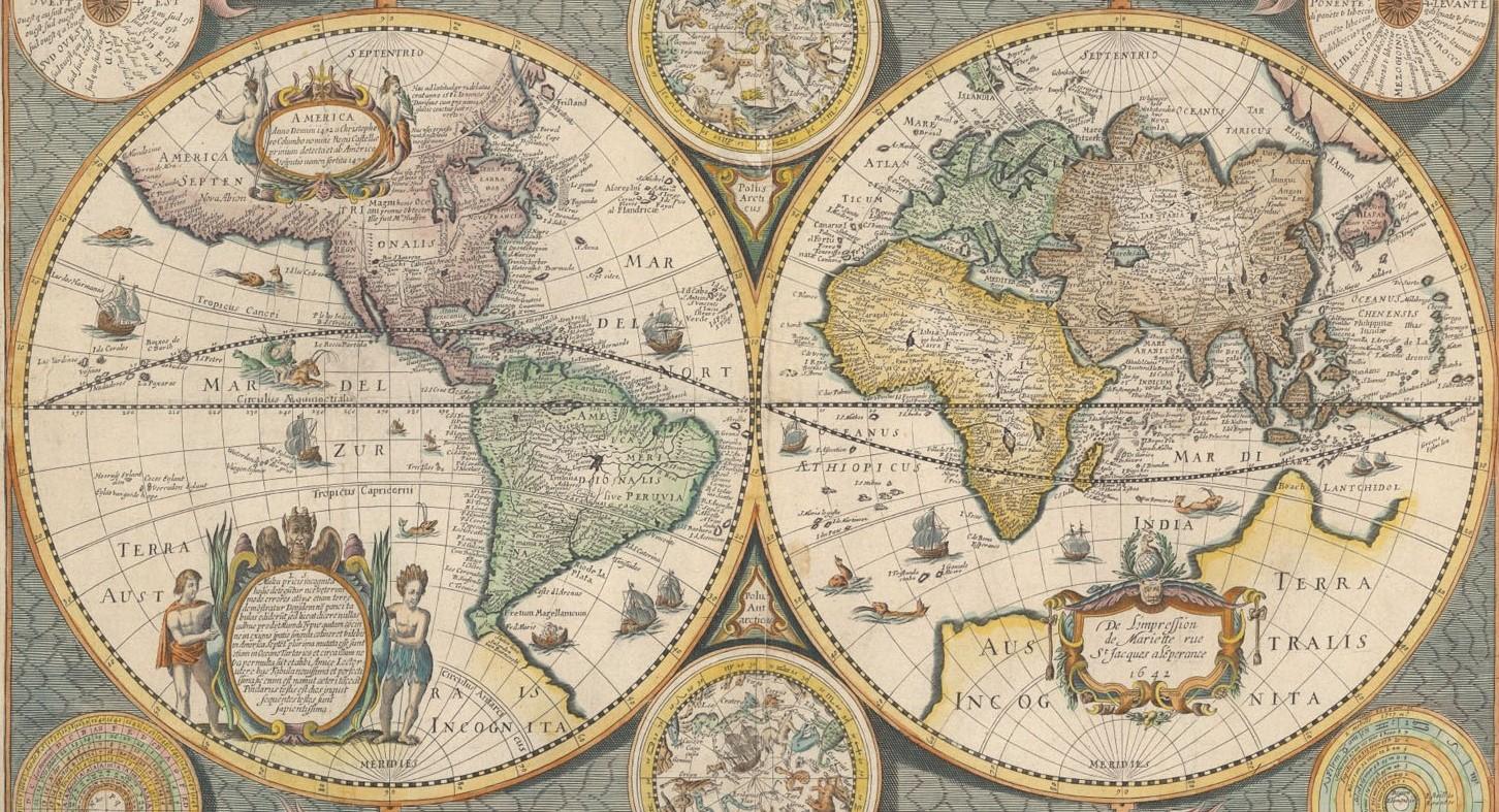 Charles II Impression d'une carte du monde encadrée montrant une double hémisphère datant de 1642, neuve en vente