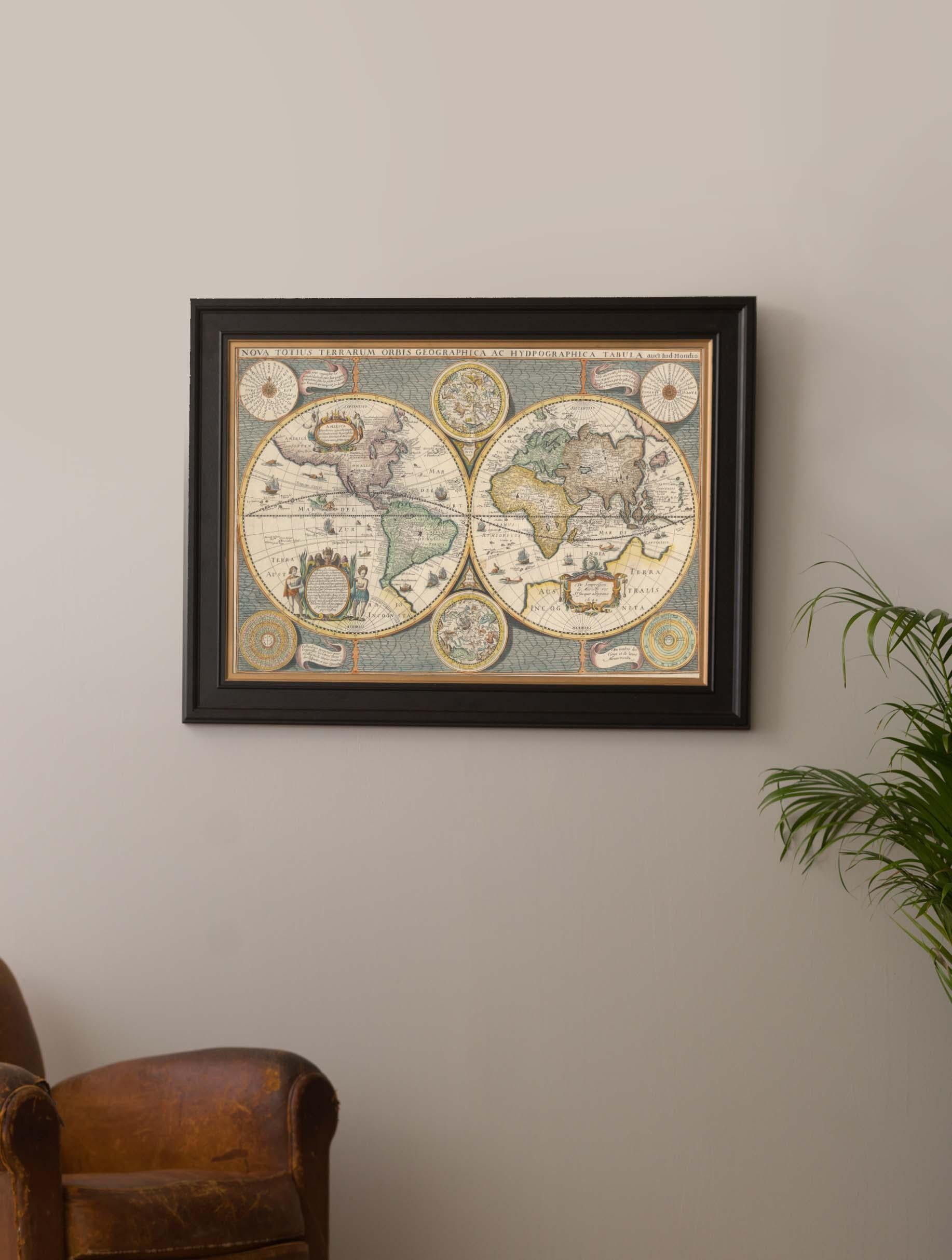 Charles II Framed World Map print showing double hemisphere dating to 1642 originally, New For Sale