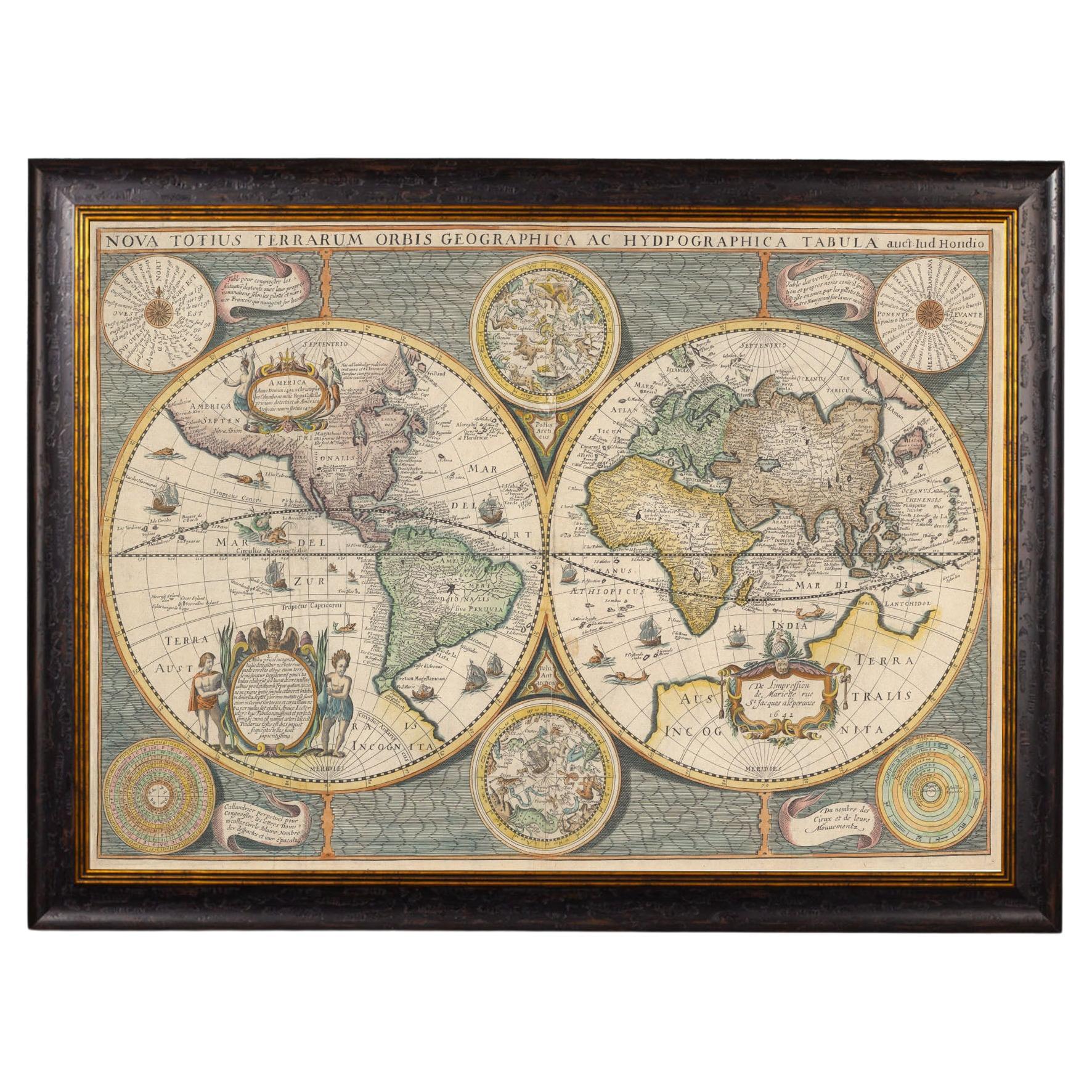Stampa con cornice del Mappamondo con doppio emisfero risalente al 1642, originale, Nuovo