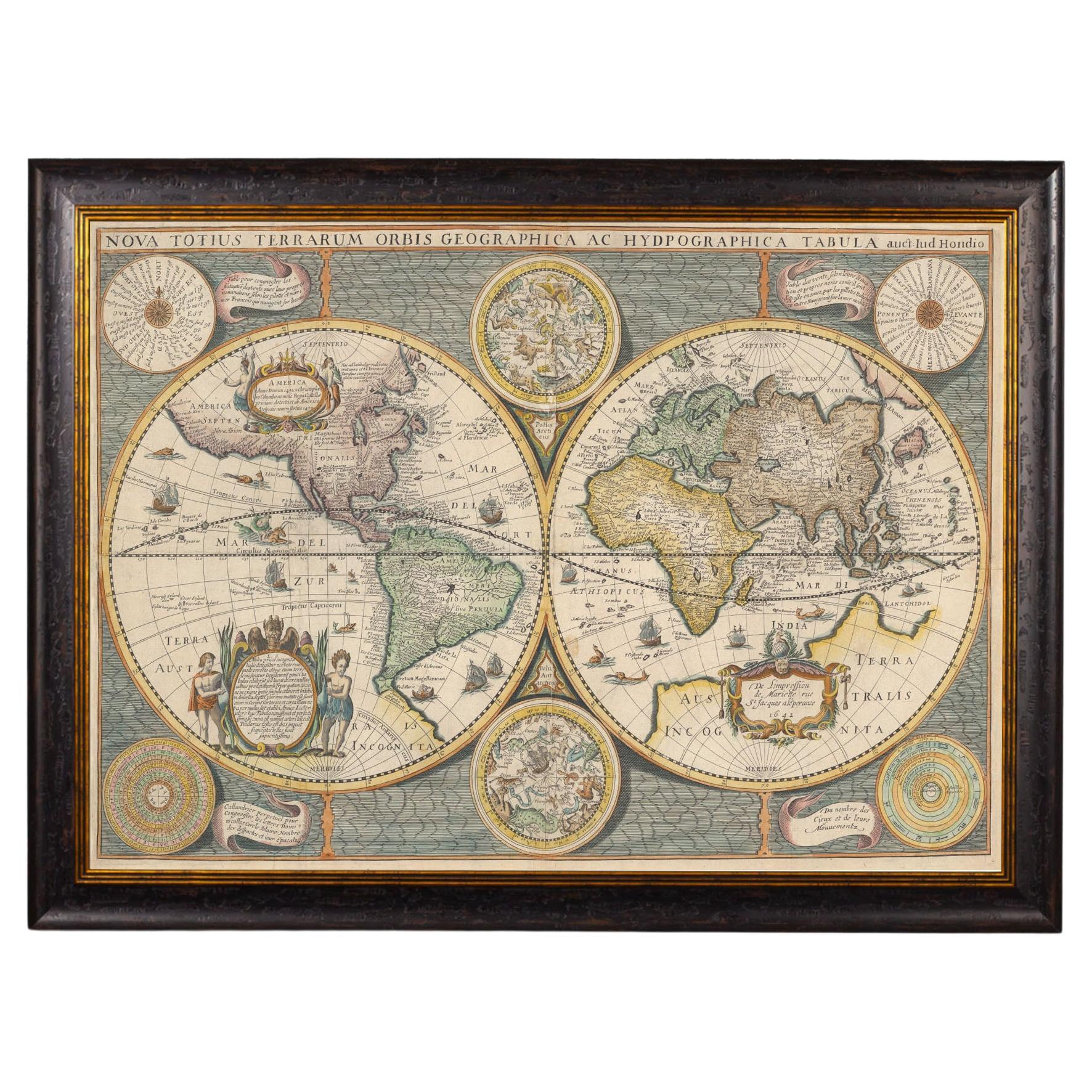 Framed World Map print showing double hemisphere dating to 1642 originally, New For Sale