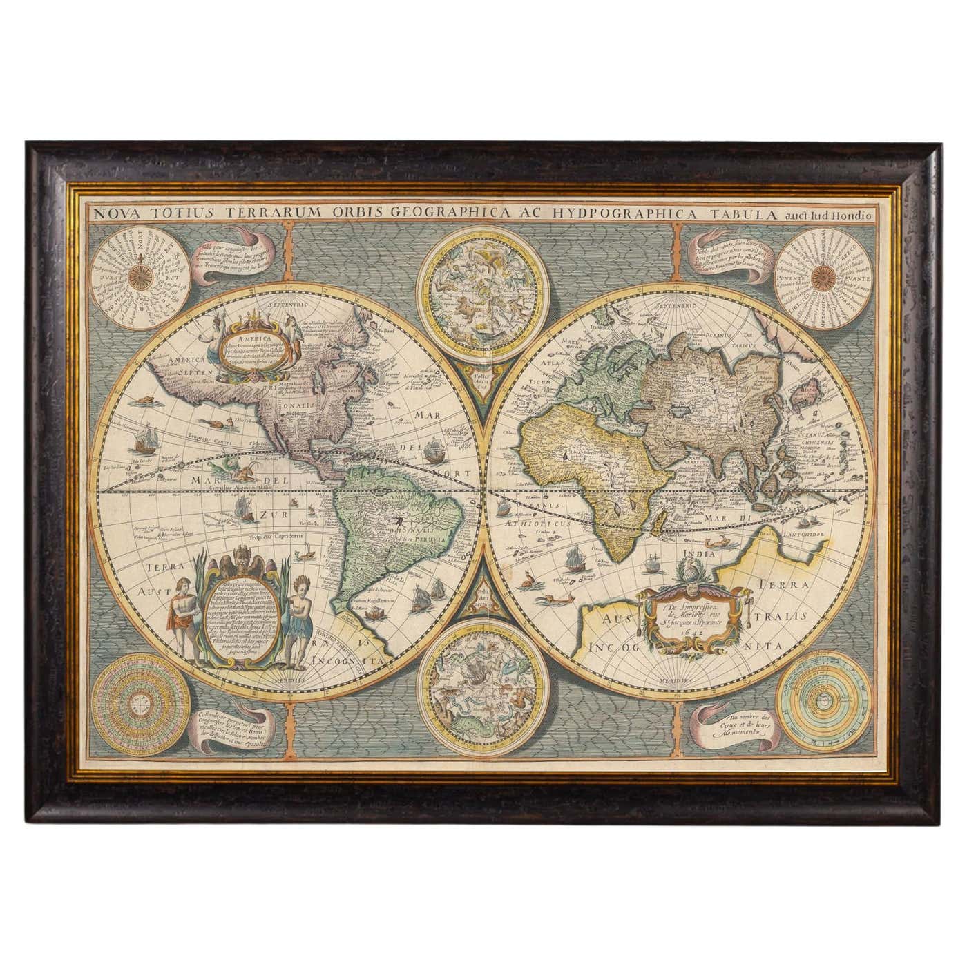 Map Double View Framed World Map print showing double hemisphere dating to 1642 ...